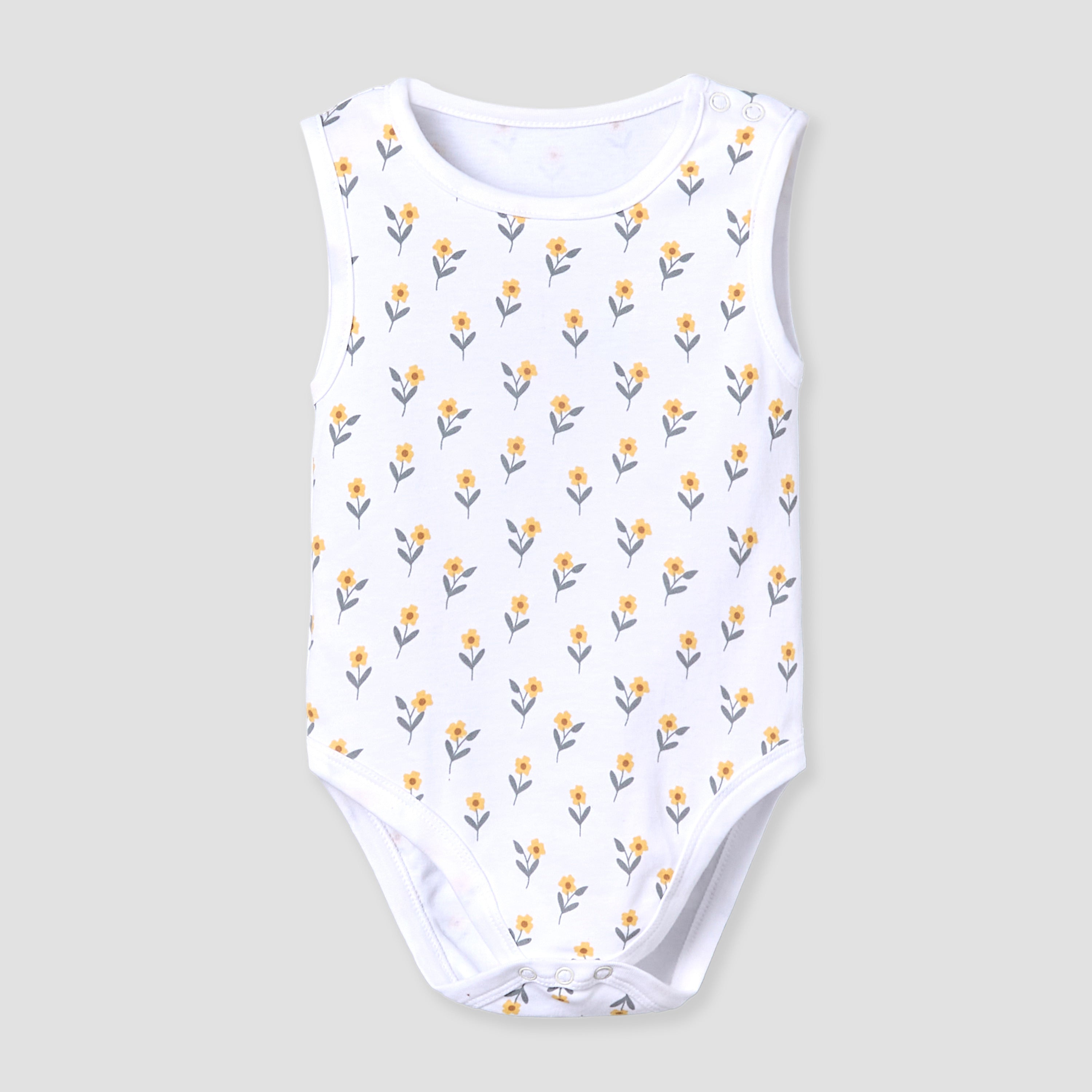 Pack of 5 Juniors Cotton Round Neck Sleeveless Bodysuit with Floral Print