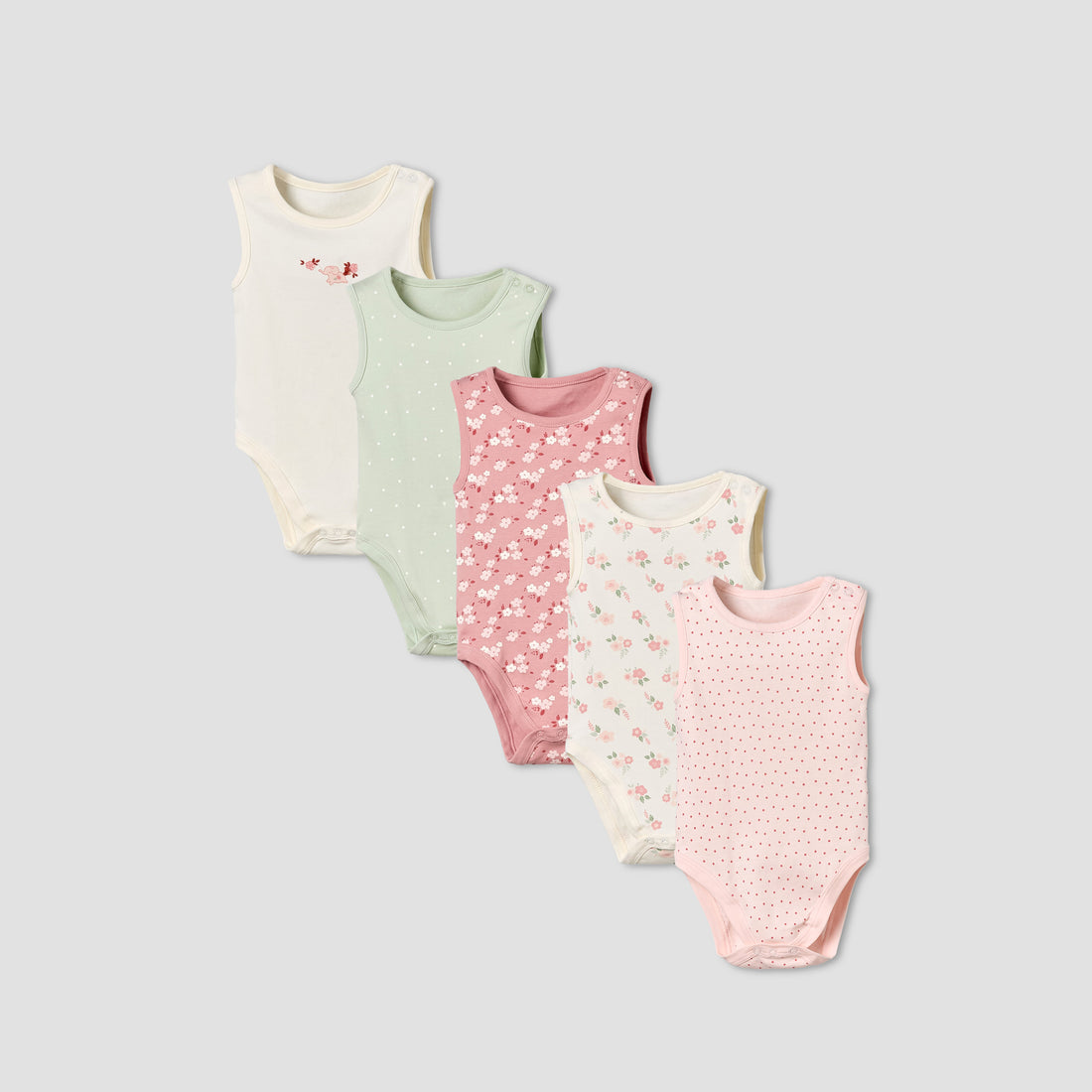 Pack of 5 Juniors Cotton Round Neck Sleeveless Bodysuit with Print