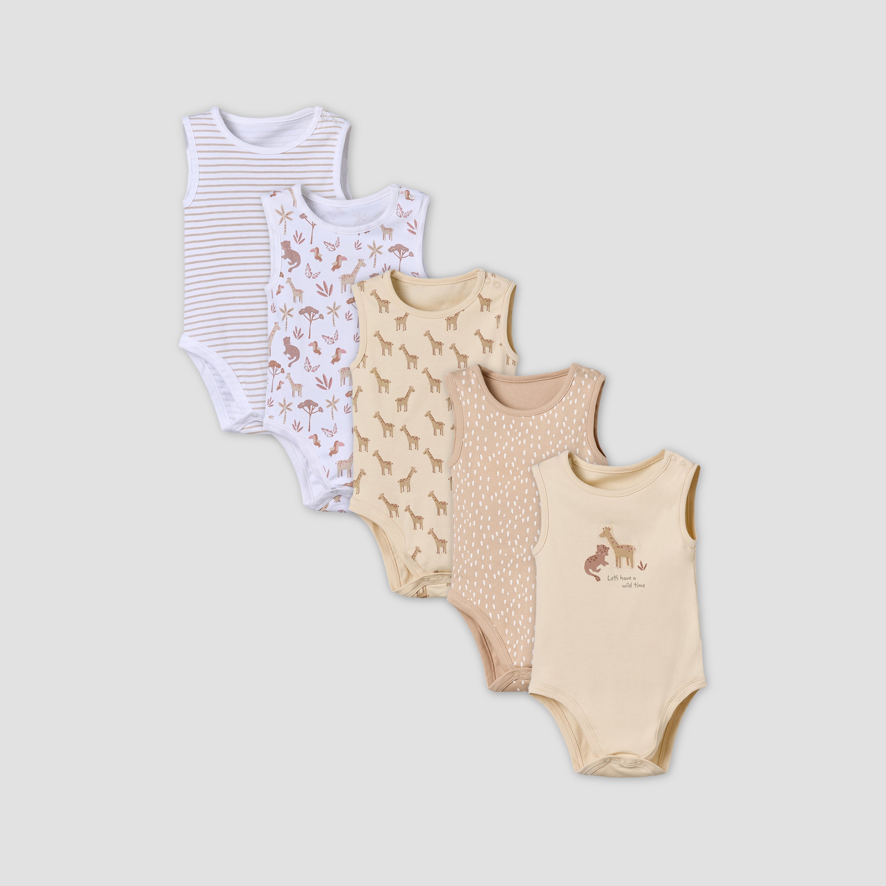 Pack of 5 Juniors Cotton Round Neck Sleeveless Bodysuit with Giraffe Print - Multicolour / 12-18 mths