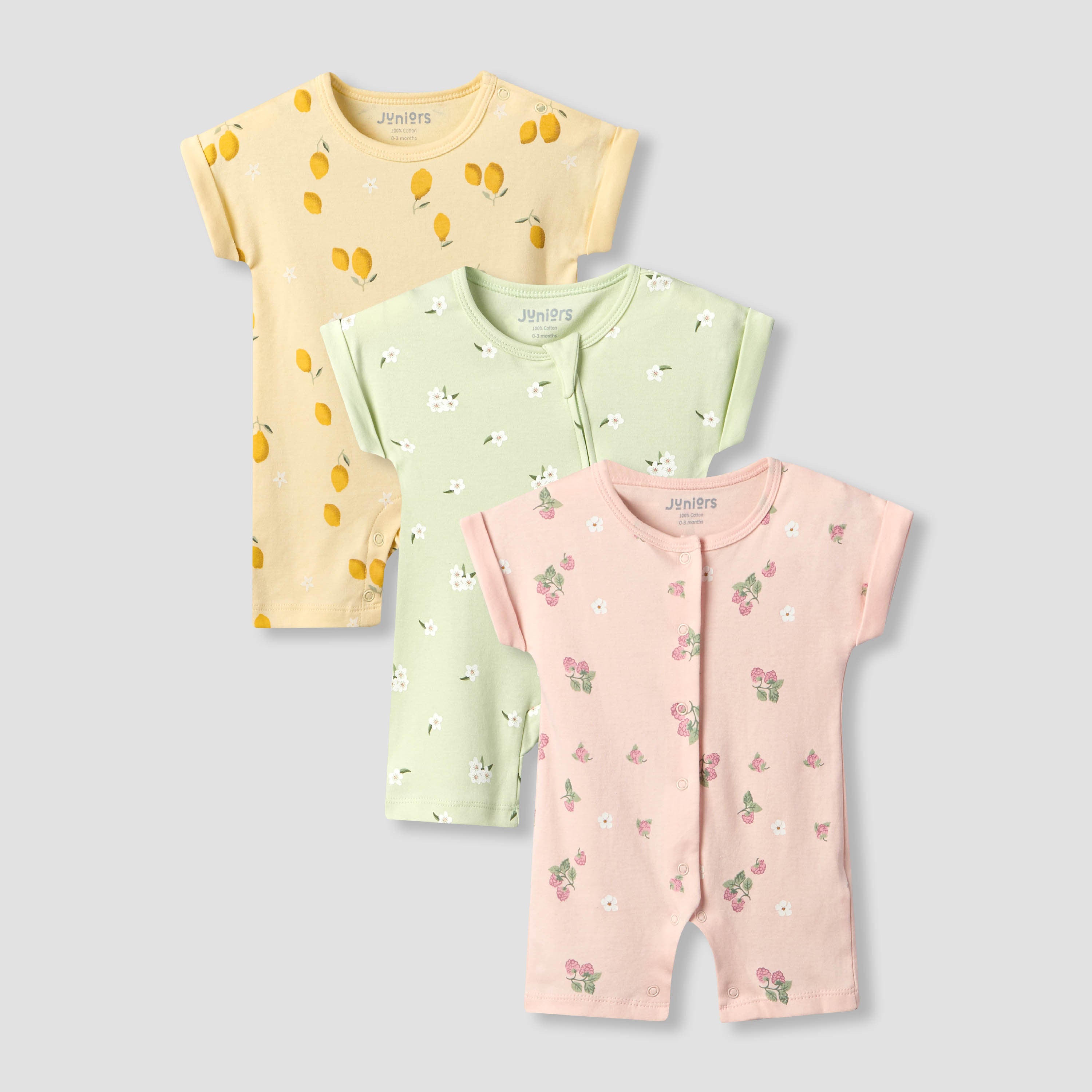Pack of 3 Juniors Crew Neck Short Sleeves Romper with Assorted Print - Multicolour / 12-18 mths