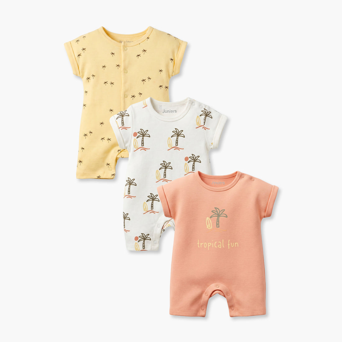 Pack of 3 Juniors Round Neck Short Sleeves Romper with Snap Button Closure