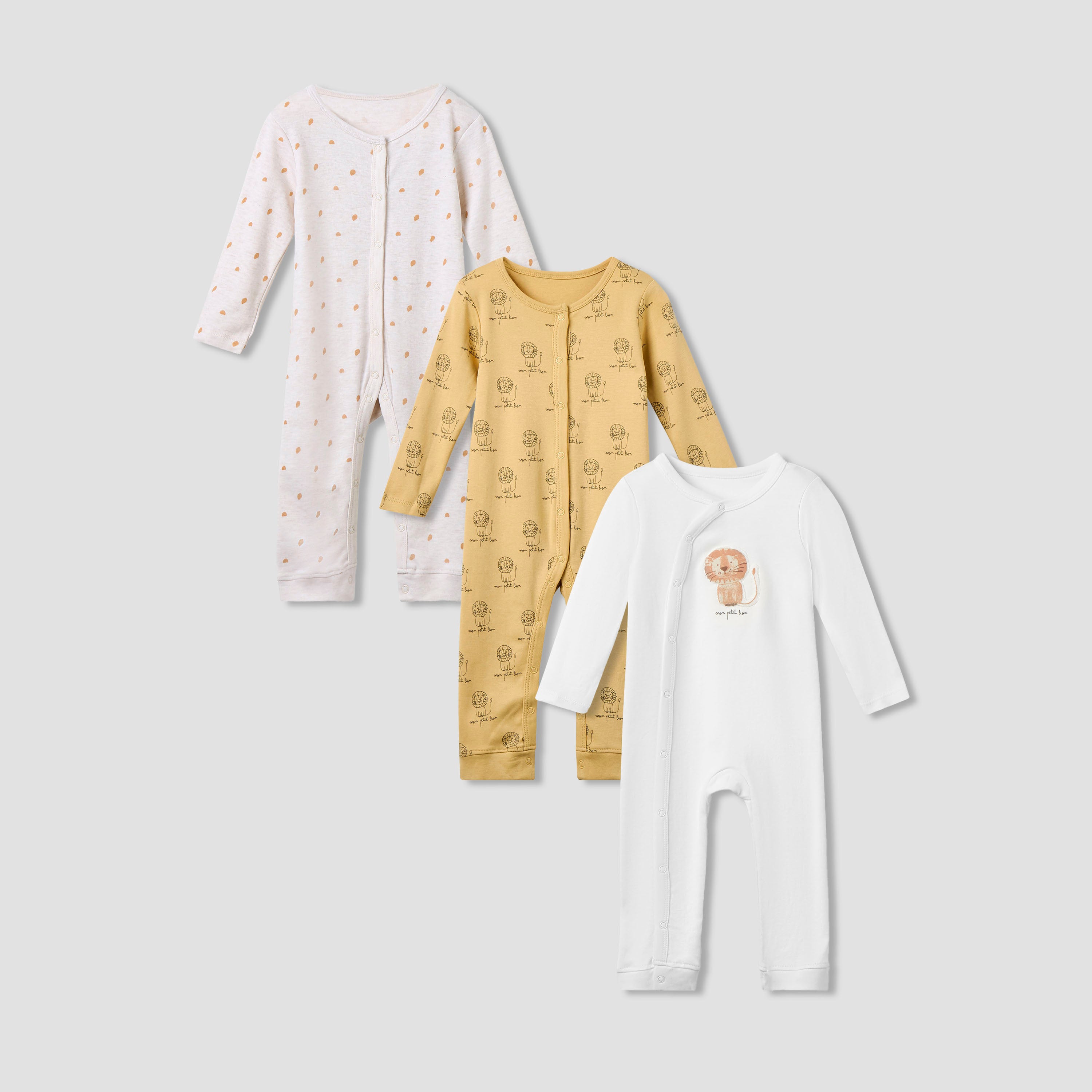 Juniors Printed Sleepsuit with Long Sleeves and Button Closure - Set of 3 - Multicolour / 12-18 mths