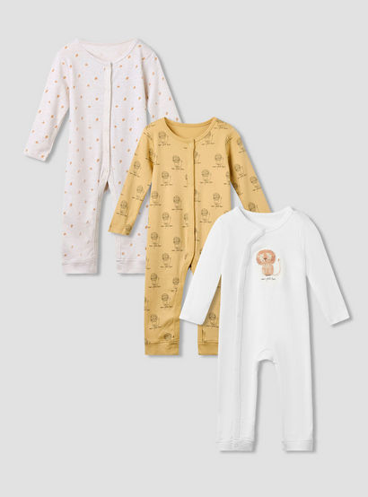 Juniors Printed Sleepsuit with Long Sleeves and Button Closure - Set of 3-baby-girls-clothing-nightwear-sleepsuits-image-1