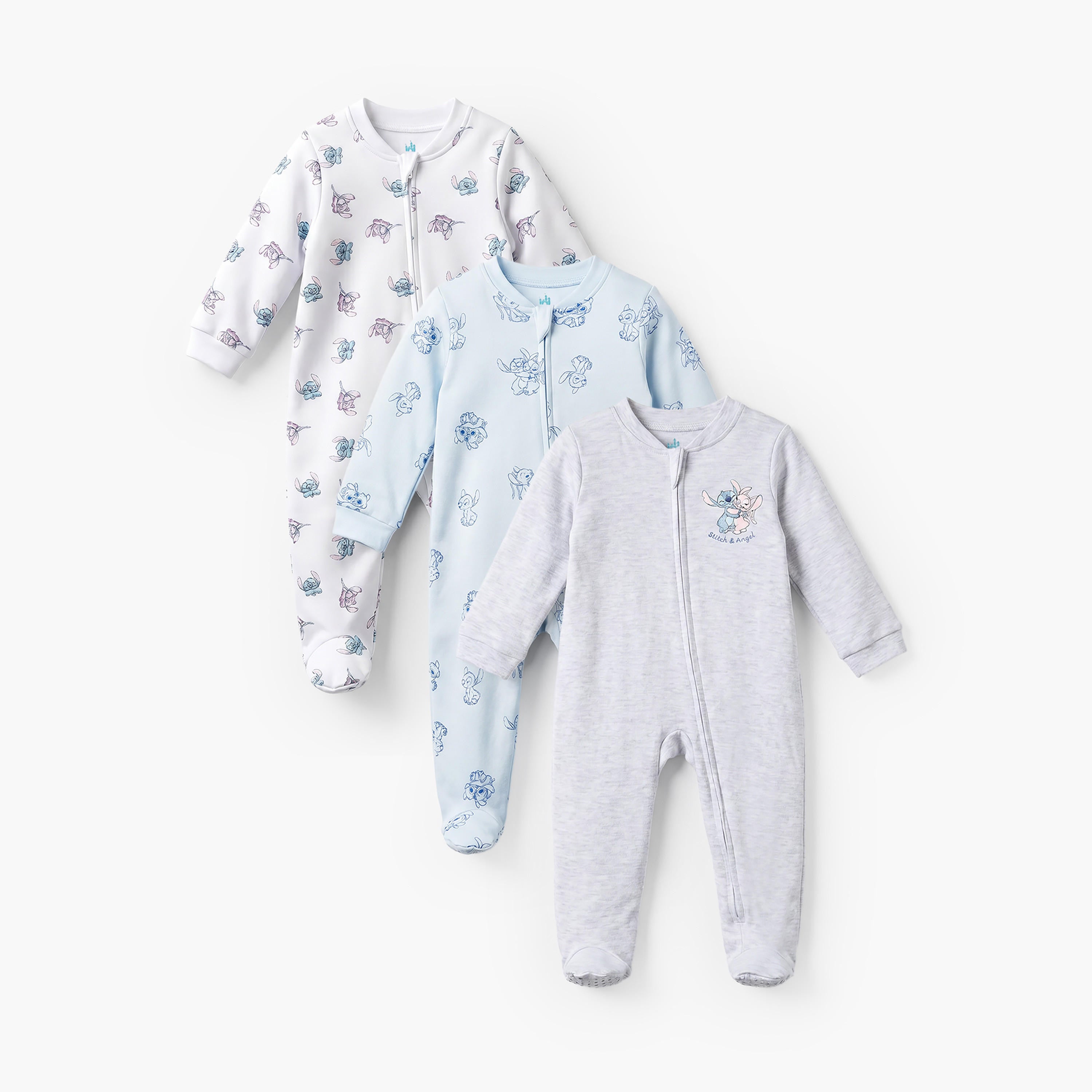 Pack of 3 Disney Cotton Mandarin Collar Long Sleeve Sleepsuit with Stitch and Angel Print - Multicolour / 12-18 mths
