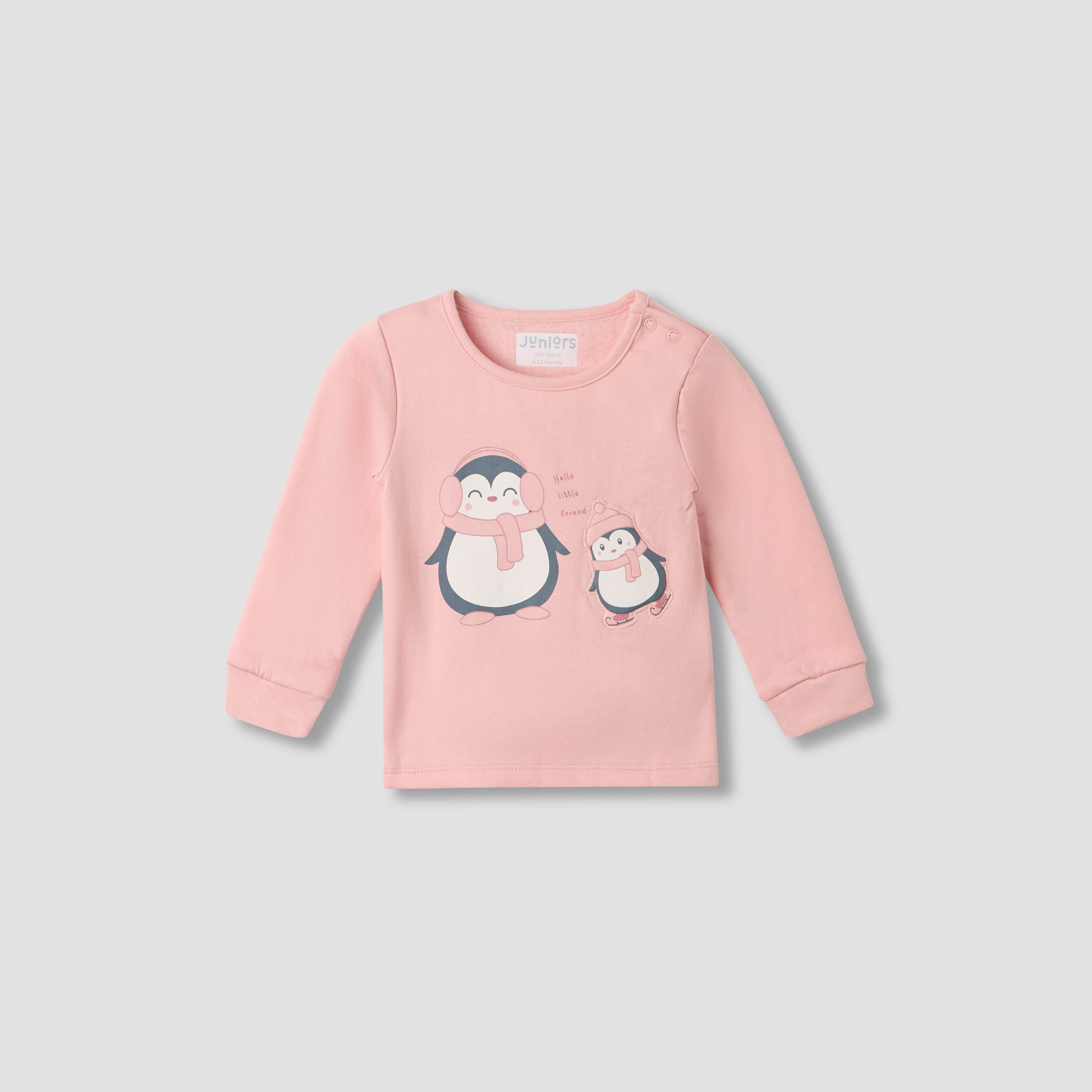 Juniors Pyjama Set with Penguin Applique - Cotton - Long Sleeves - Crew Neck