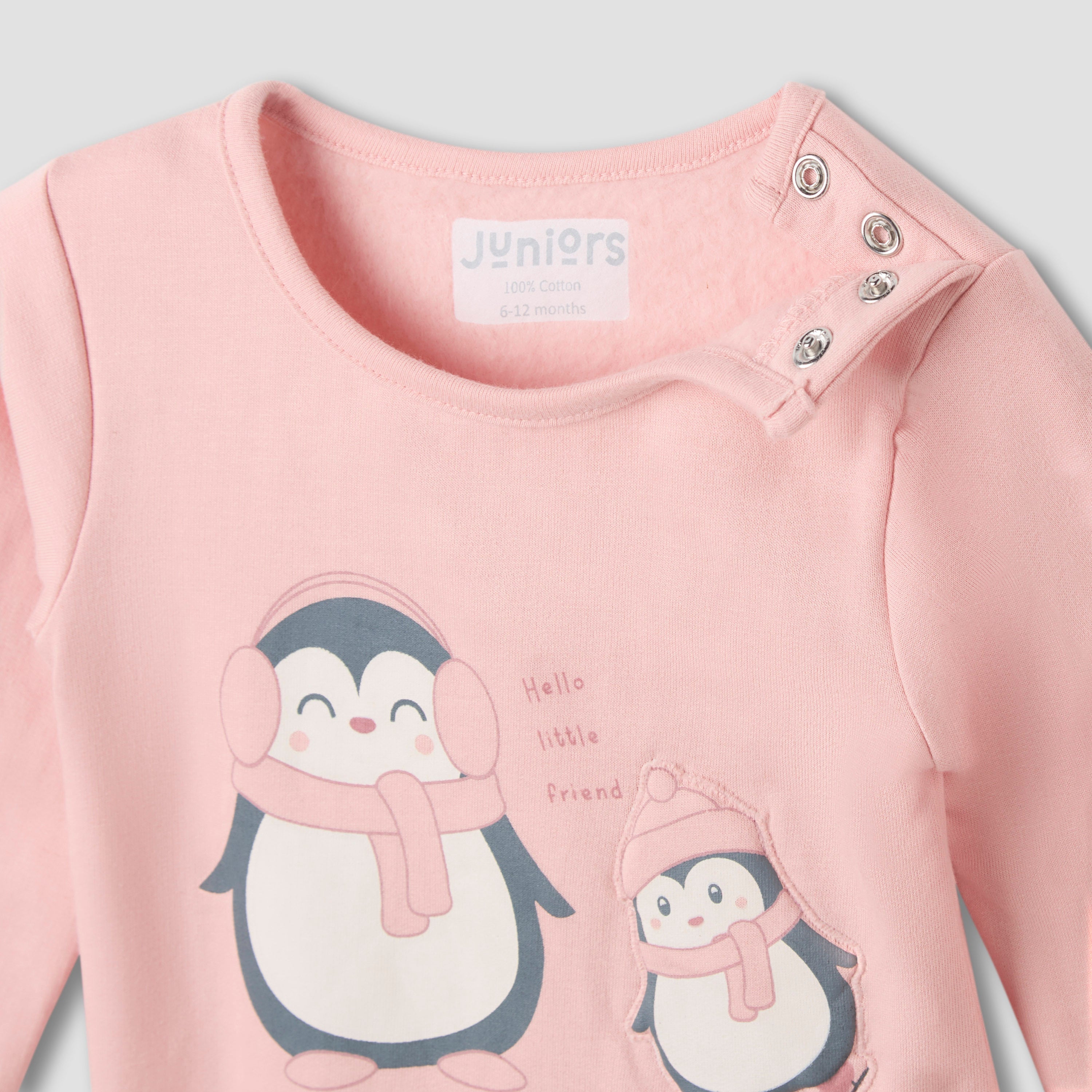 Juniors Pyjama Set with Penguin Applique - Cotton - Long Sleeves - Crew Neck