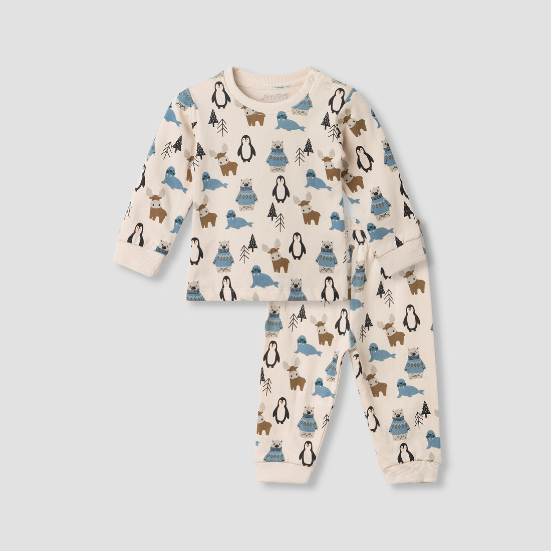 Juniors Pyjama Set with Arctic Animal Print - Cotton - Long Sleeves - Crew Neck - Cream / 18-24 mths