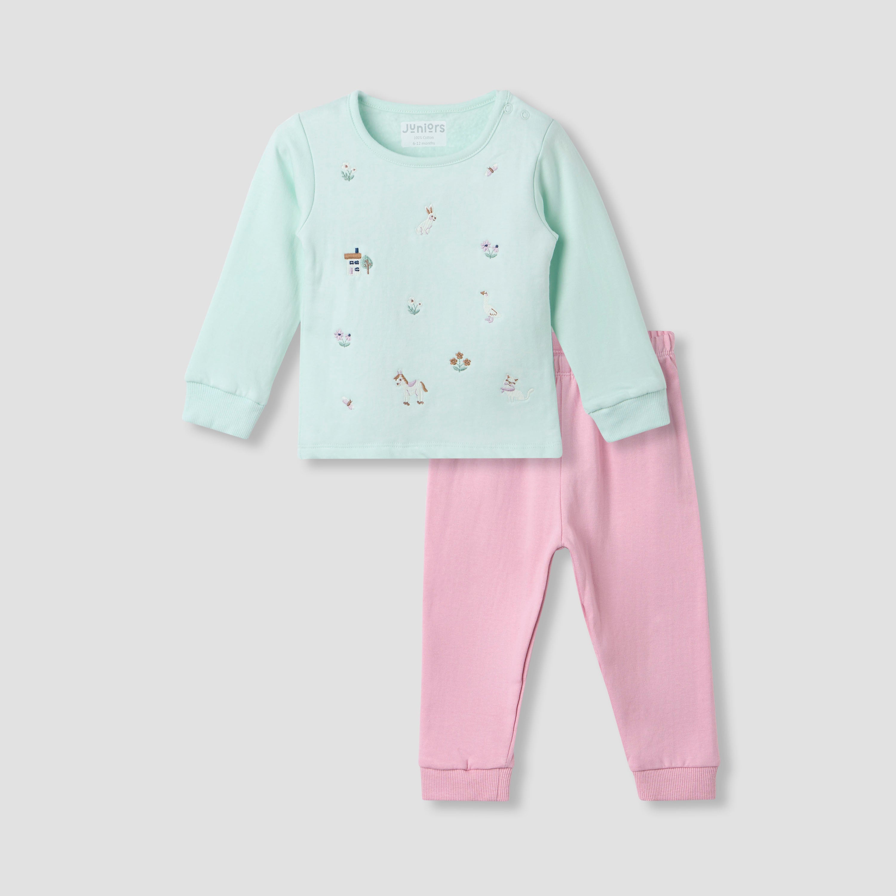 Juniors Pyjama Set with Embroidery - Cotton - Long Sleeves - Round Neck - Multicolour / 18-24 mths