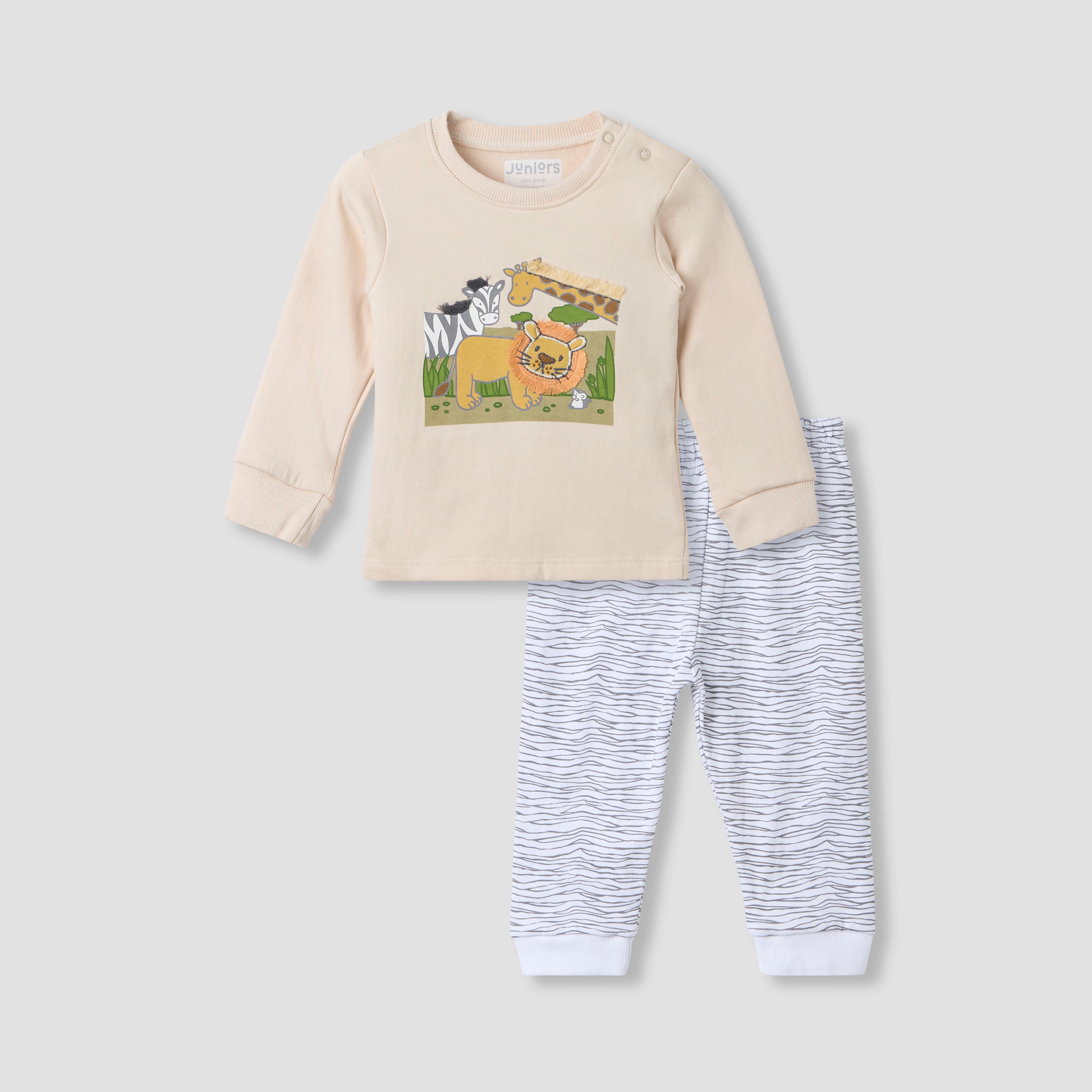 Juniors Pyjama Set with Animal Applique Detail - Cotton - Long Sleeves - Crew Neck - Multicolour / 12-18 mths