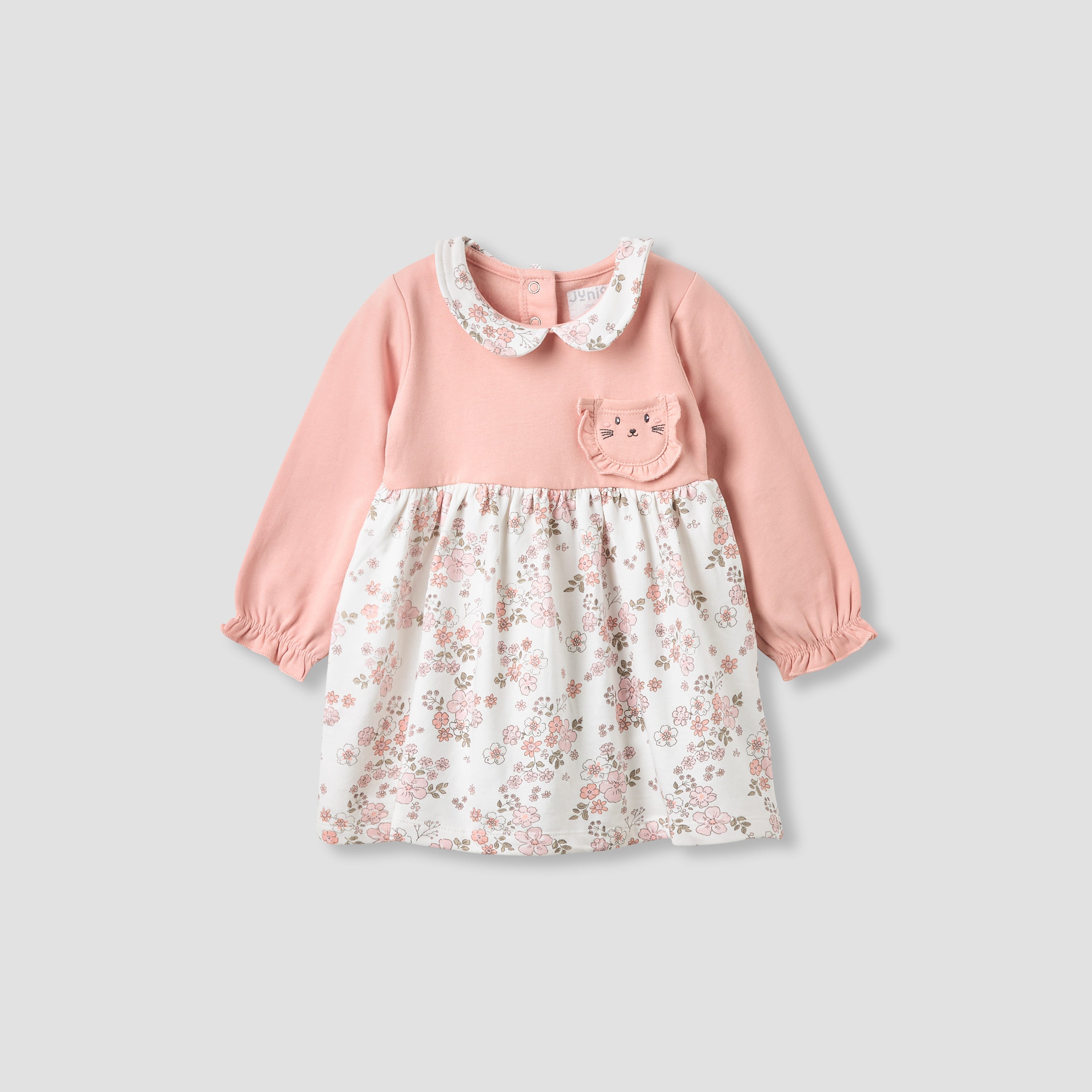 Juniors Peter Pan Collar Long Sleeves Dress with Floral Print - Pink / 9-12 mths