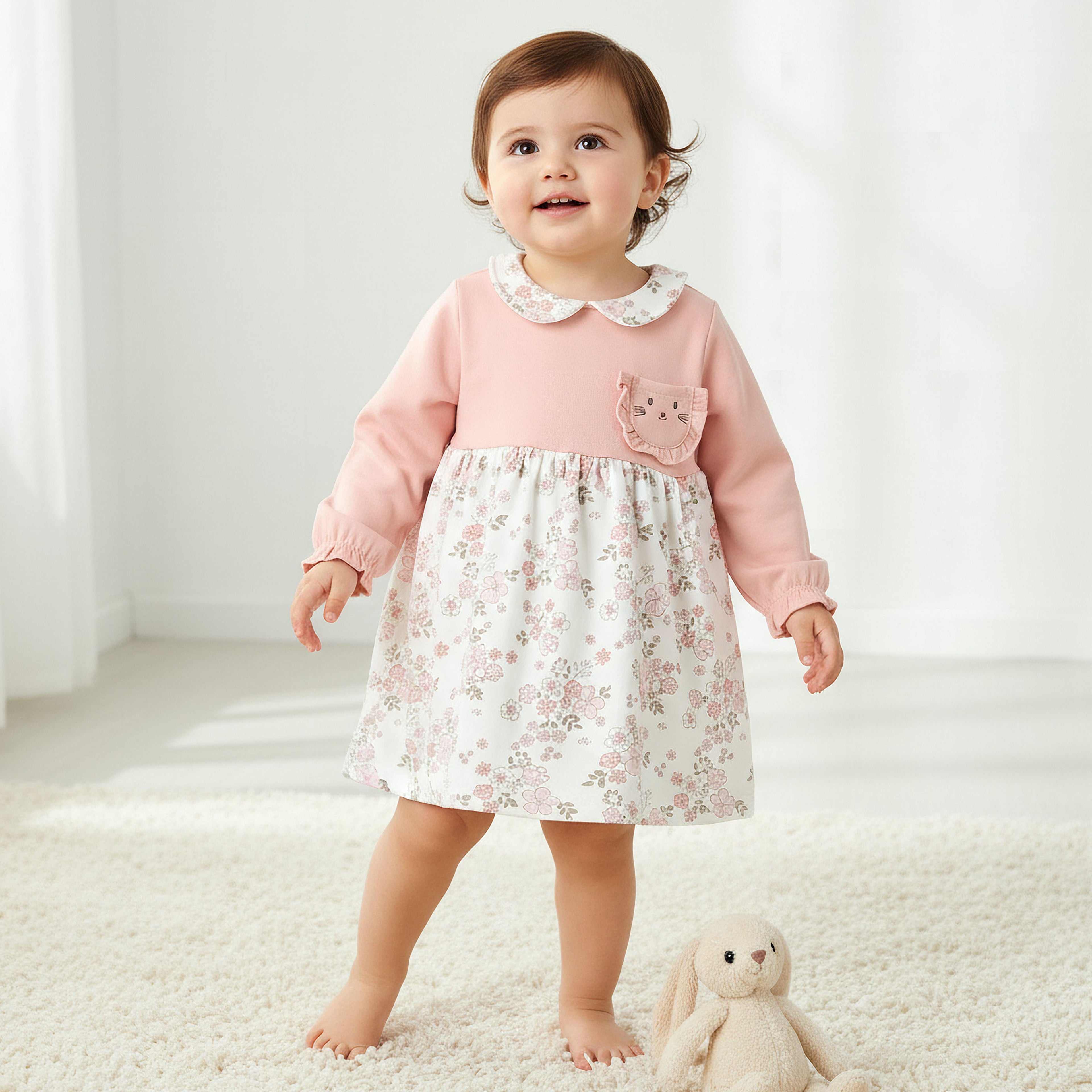 Juniors Peter Pan Collar Long Sleeves Dress with Floral Print - Pink / 9-12 mths