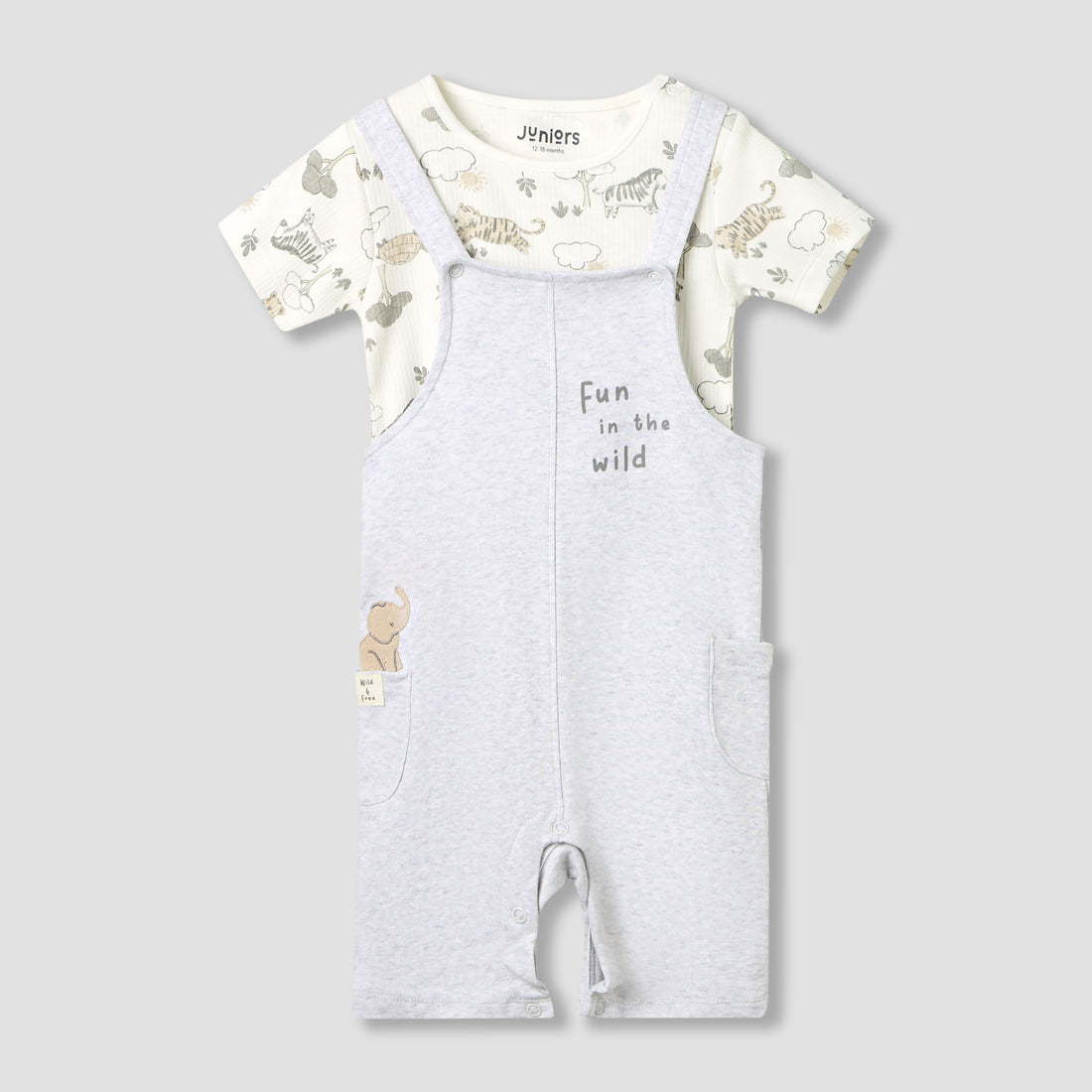 Juniors Boys Dungaree and T-shirt Set with Snap Button Closure - Cotton - Short Sleeve - Round Neck - Multicolour / 12-18 mths