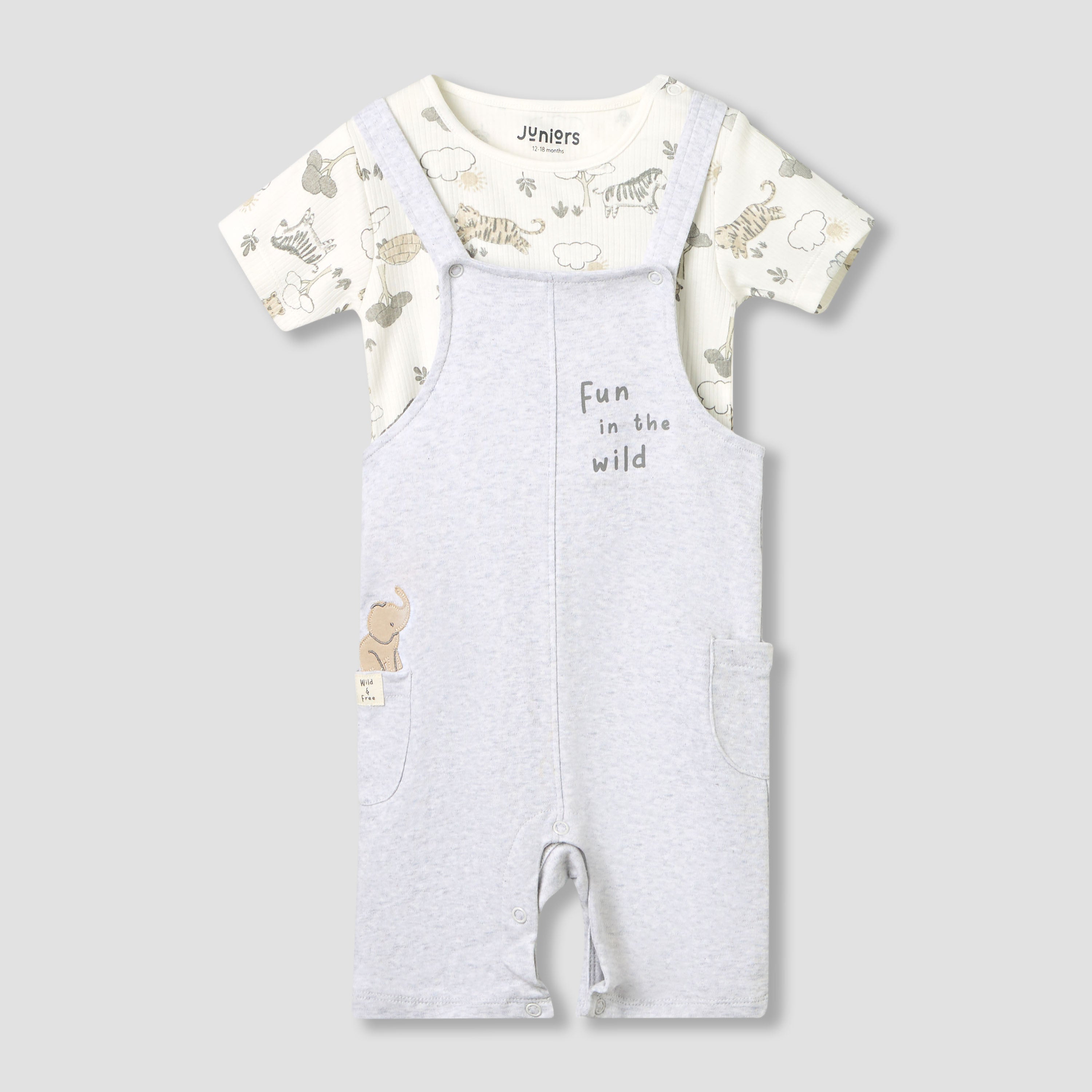 Juniors Boys Dungaree and T-shirt Set with Snap Button Closure - Cotton - Short Sleeve - Round Neck
