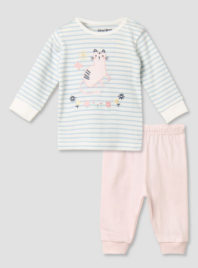 Juniors Cotton Round Neck Long Sleeves Pyjama Set with Cat Applique-baby-girls-clothing-nightwear-pyjamasets-image-2