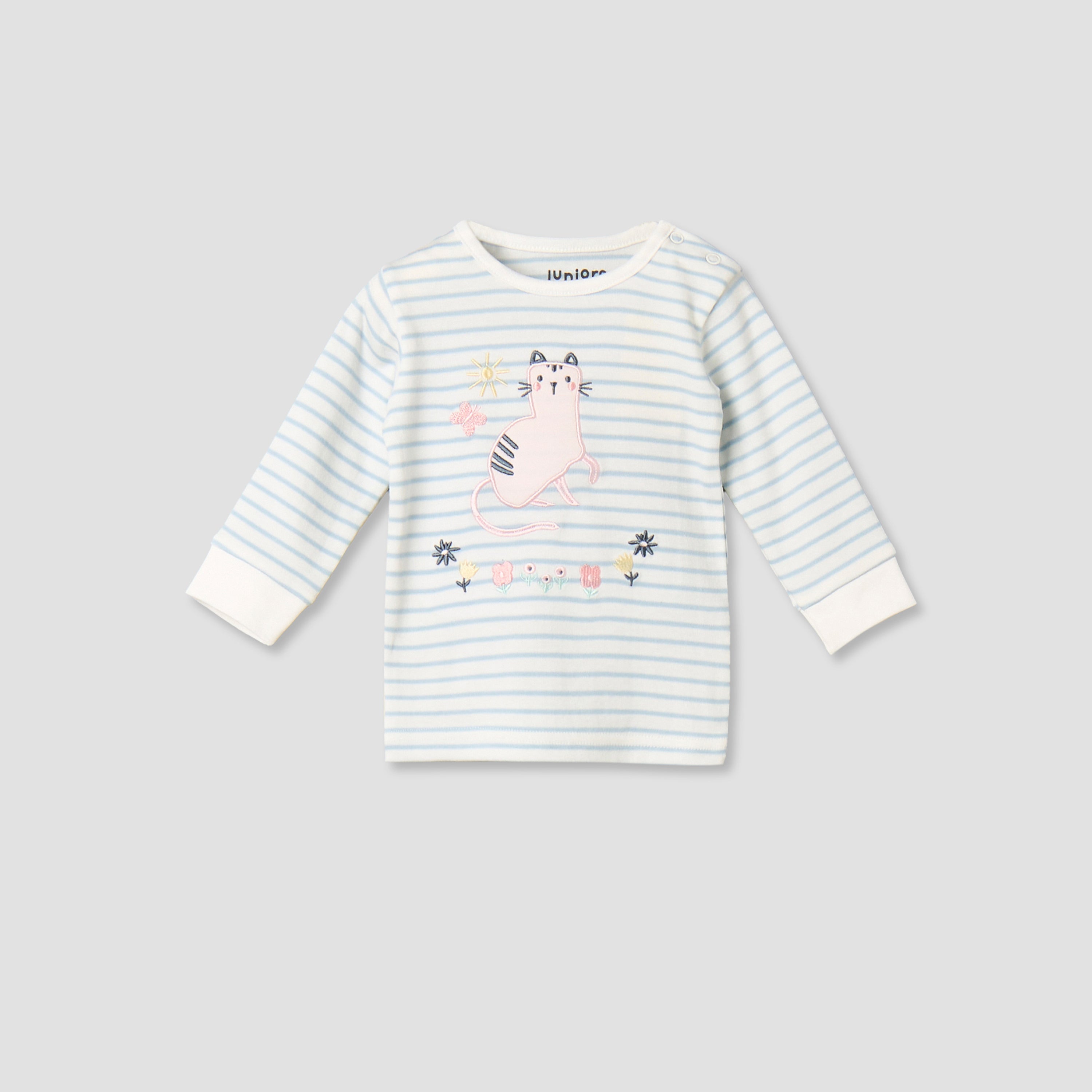 Juniors Cotton Round Neck Long Sleeves Pyjama Set with Cat Applique