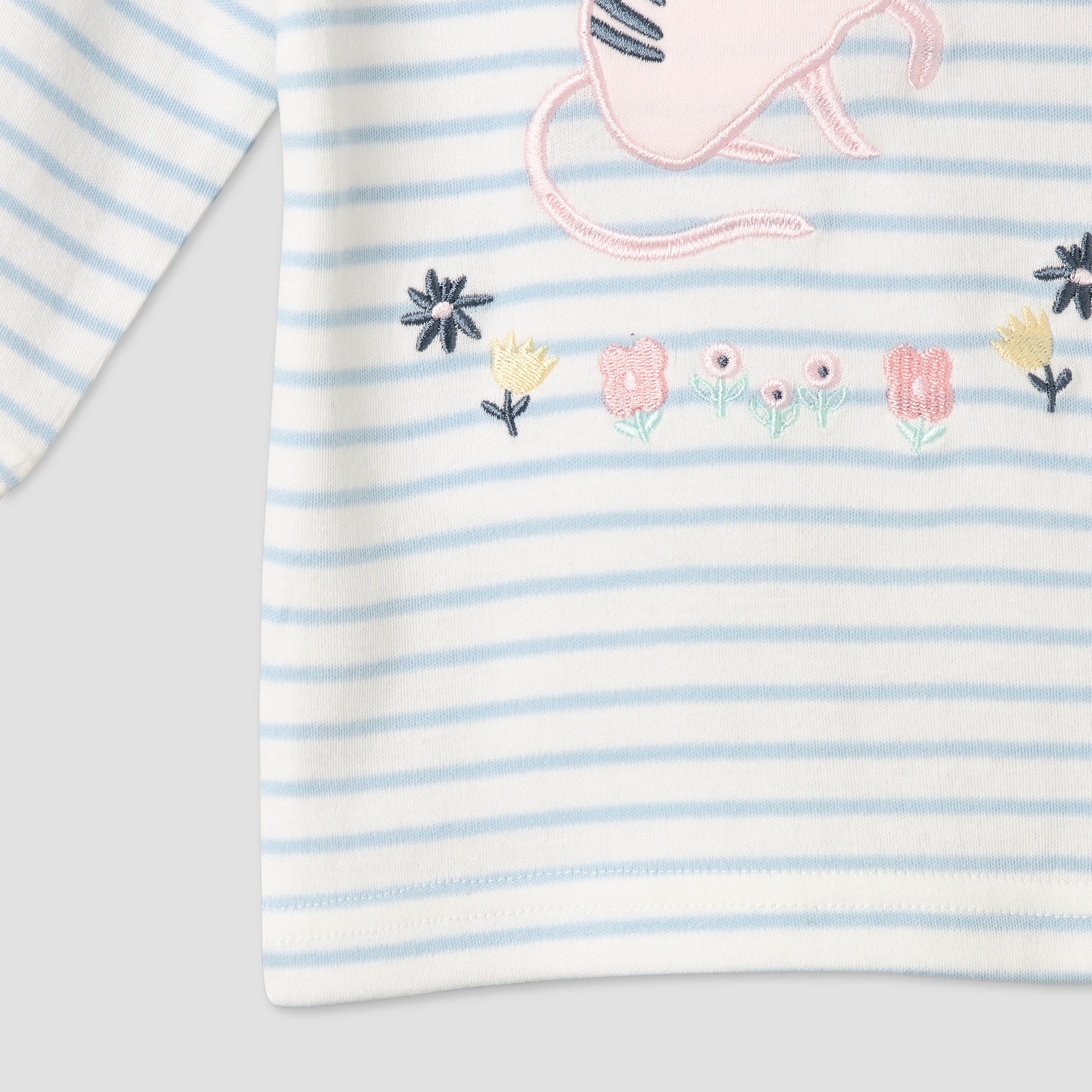 Juniors Cotton Round Neck Long Sleeves Pyjama Set with Cat Applique