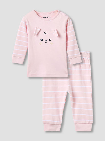 Juniors Cotton Long Sleeves Pyjama Set with Bunny Applique-baby-girls-clothing-nightwear-pyjamasets-image-1