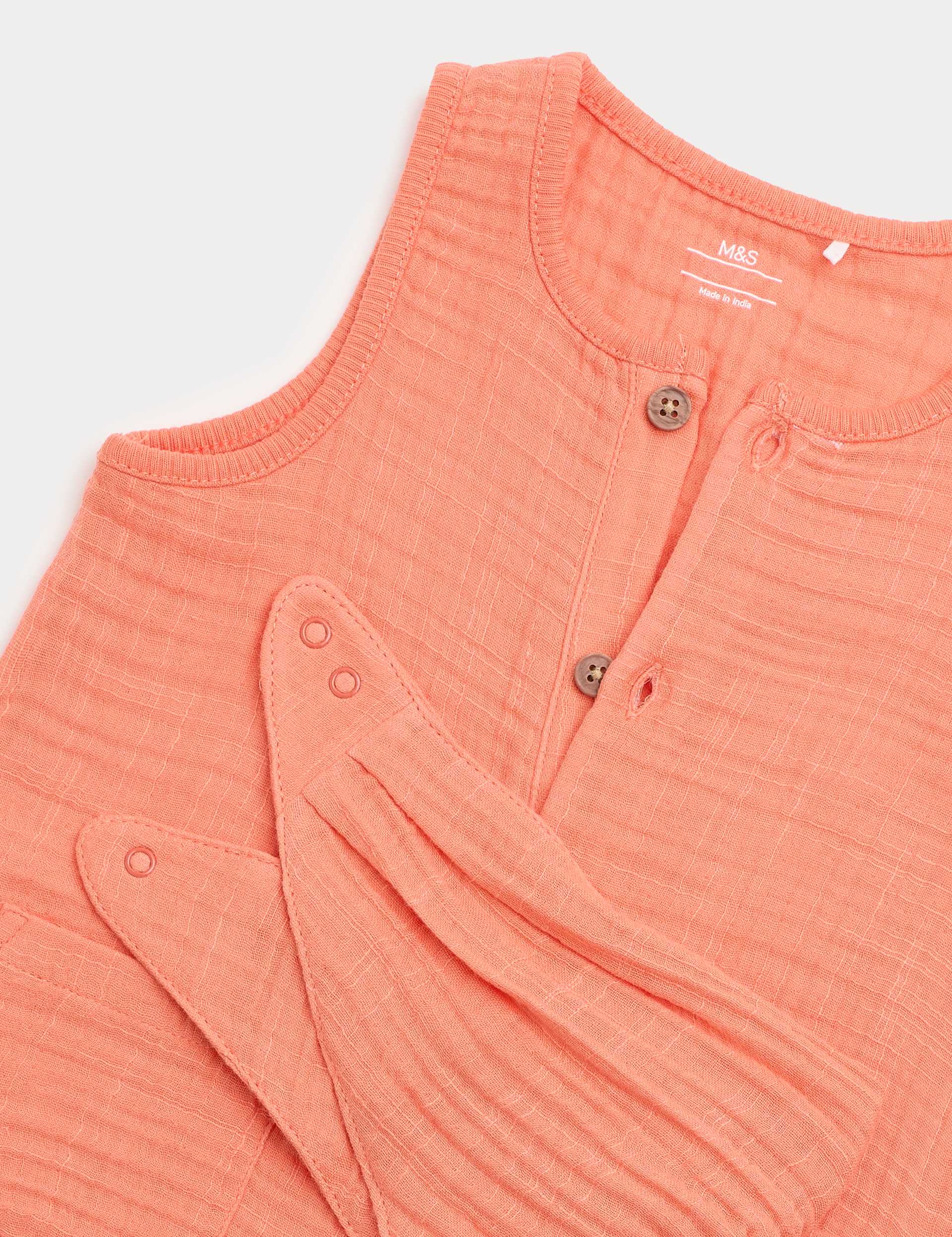 Cotton Tripe Cloth Romper With Neck Tie - CORAL