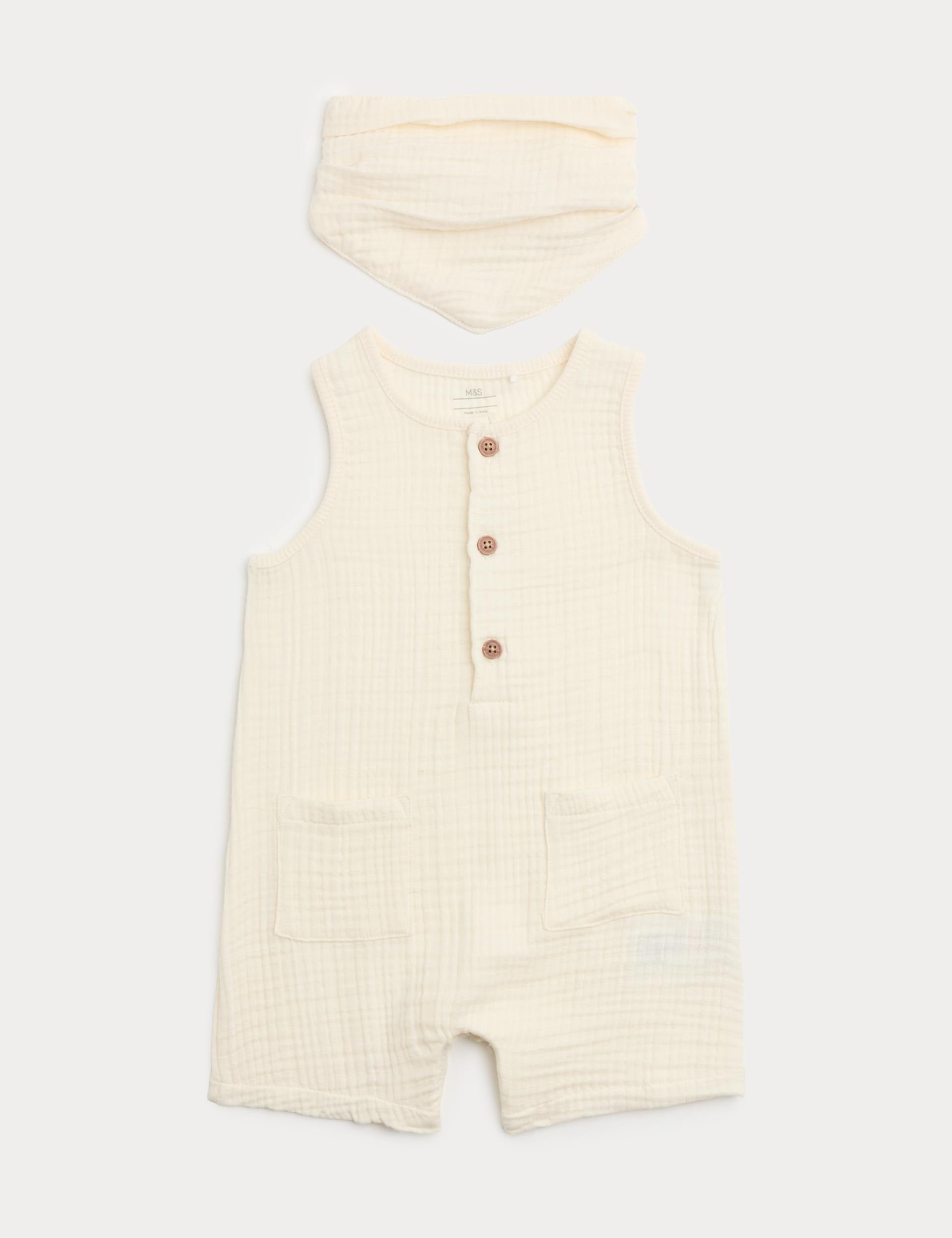 Cotton Tripe Cloth Romper With Neck Tie - ECRU / 12-18 Months