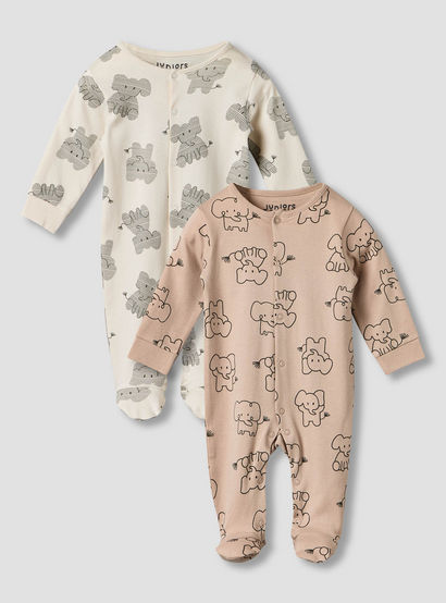 Pack of 2 Juniors Cotton Round Neck Long Sleeves Sleepsuit with Elephant Print-baby-boys-clothing-nightwear-sleepsuits-image-1
