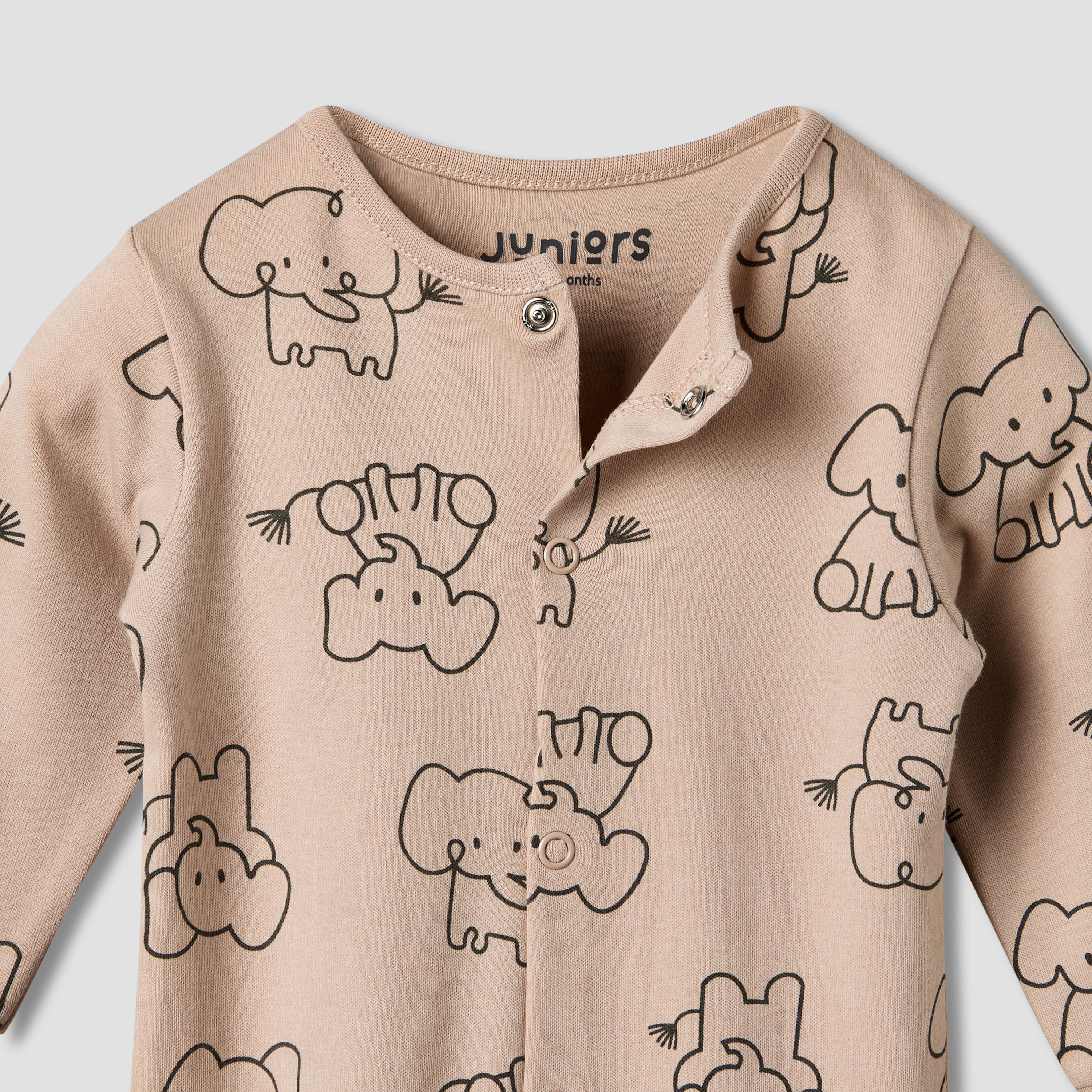 Pack of 2 Juniors Cotton Round Neck Long Sleeves Sleepsuit with Elephant Print