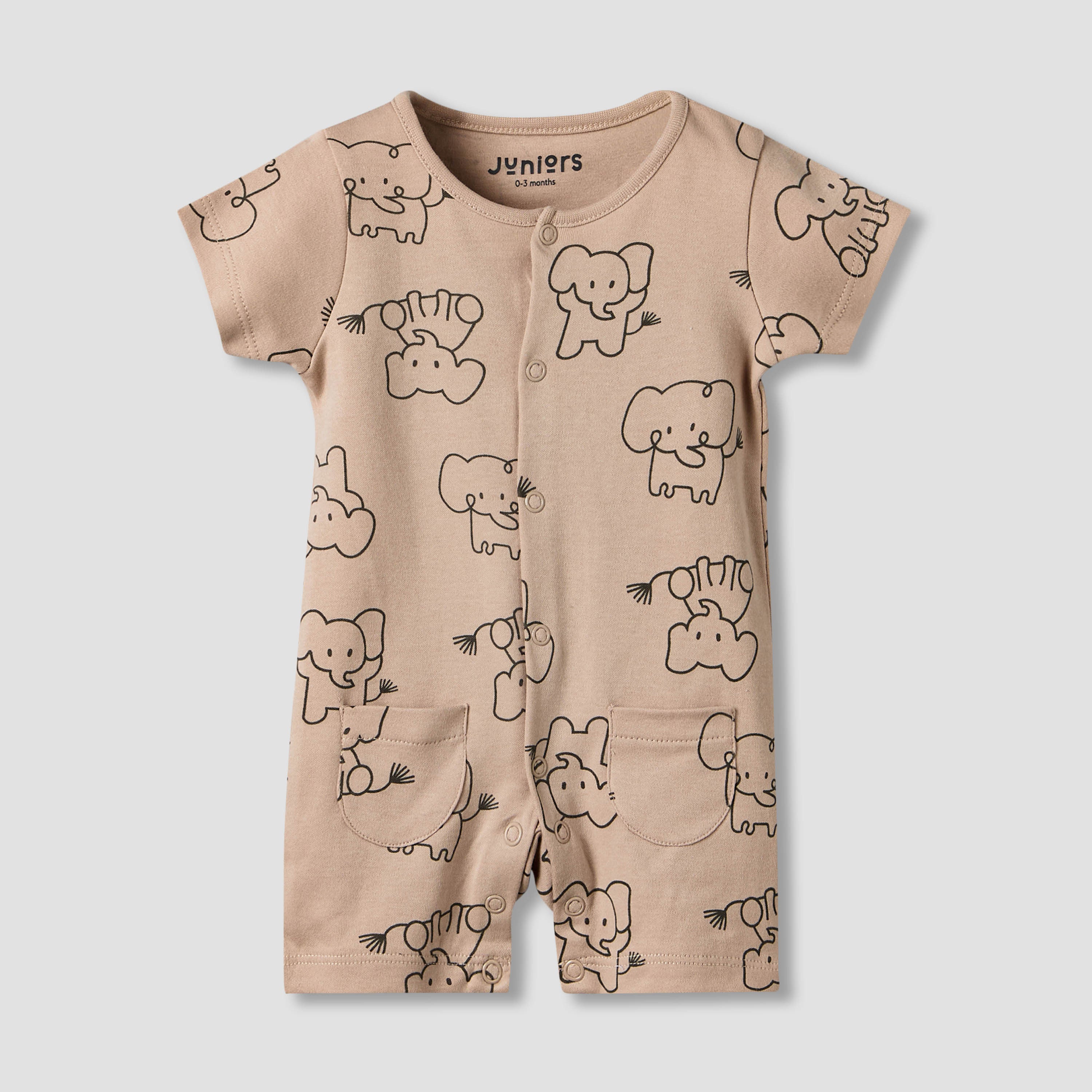Set of 2 Juniors Cotton Round Neck Elephant Print Sleepsuit with Romper