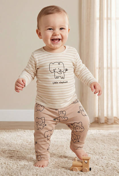 Pack of 2 Juniors Cotton Round Neck Long Sleeves Pyjama Set with Elephant Print-undefined-image-1