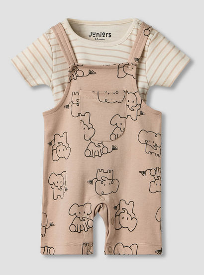Juniors Round Neck Short Sleeves T-shirt and Dungaree Set with Elephant Print-baby-boys-clothing-setsandcoords-image-1
