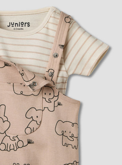 Juniors Round Neck Short Sleeves T-shirt and Dungaree Set with Elephant Print-baby-boys-clothing-setsandcoords-image-5