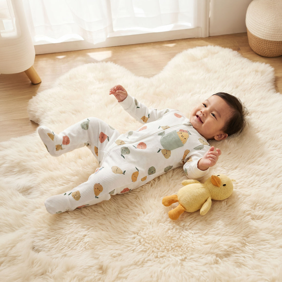 Juniors Cotton Round Neck Long Sleeves Sleepsuit with Fruit Print - White / 9-12 mths