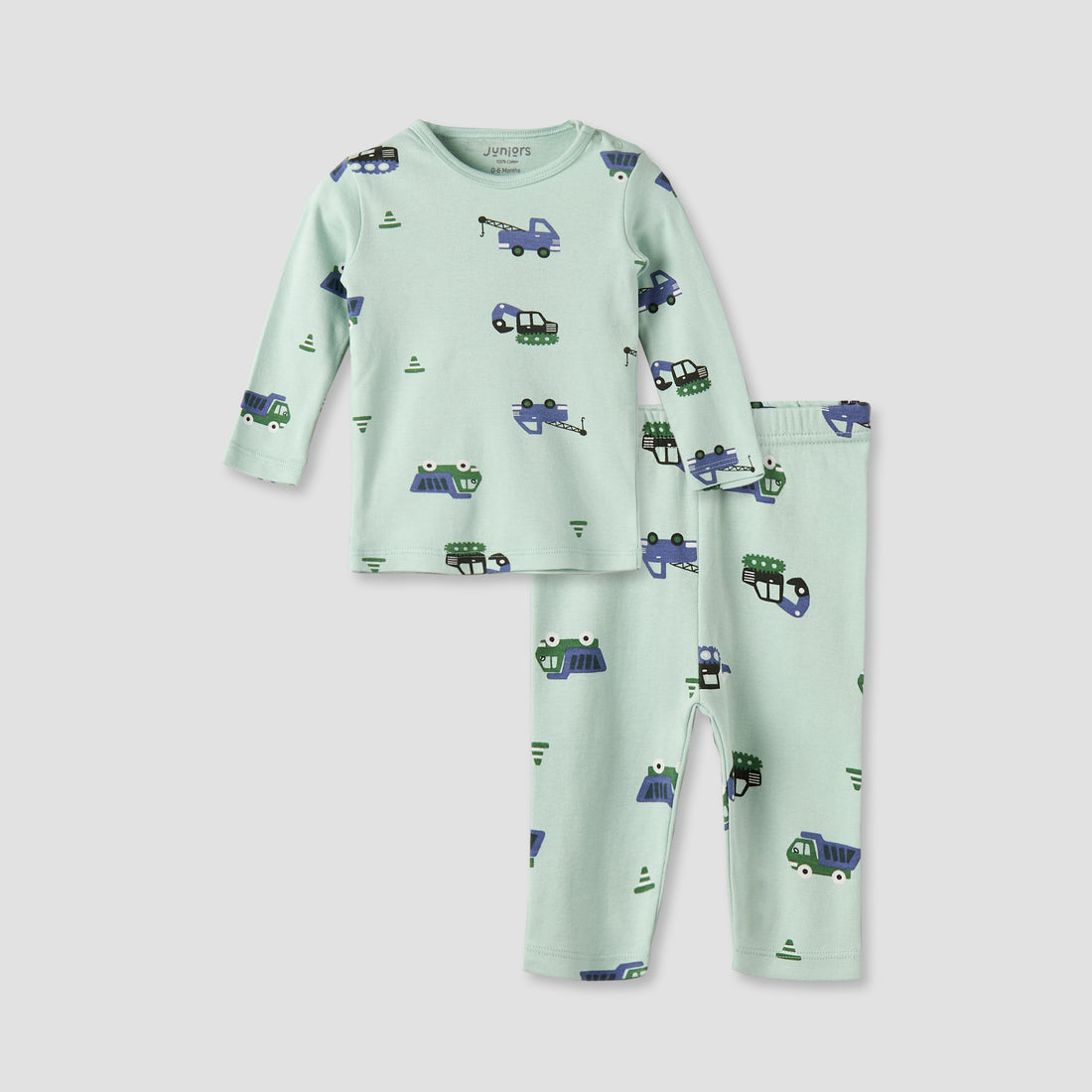 Juniors Cotton Round Neck Long Sleeves Pyjama Set with Construction Vehicle Print