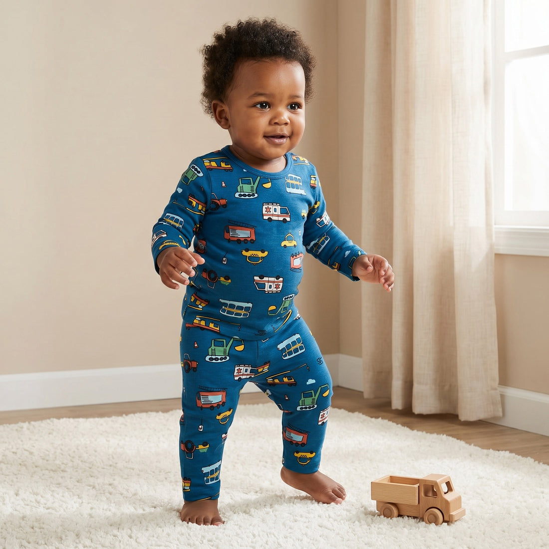Juniors Cotton Round Neck Long Sleeve Pyjama Set with Vehicle Print