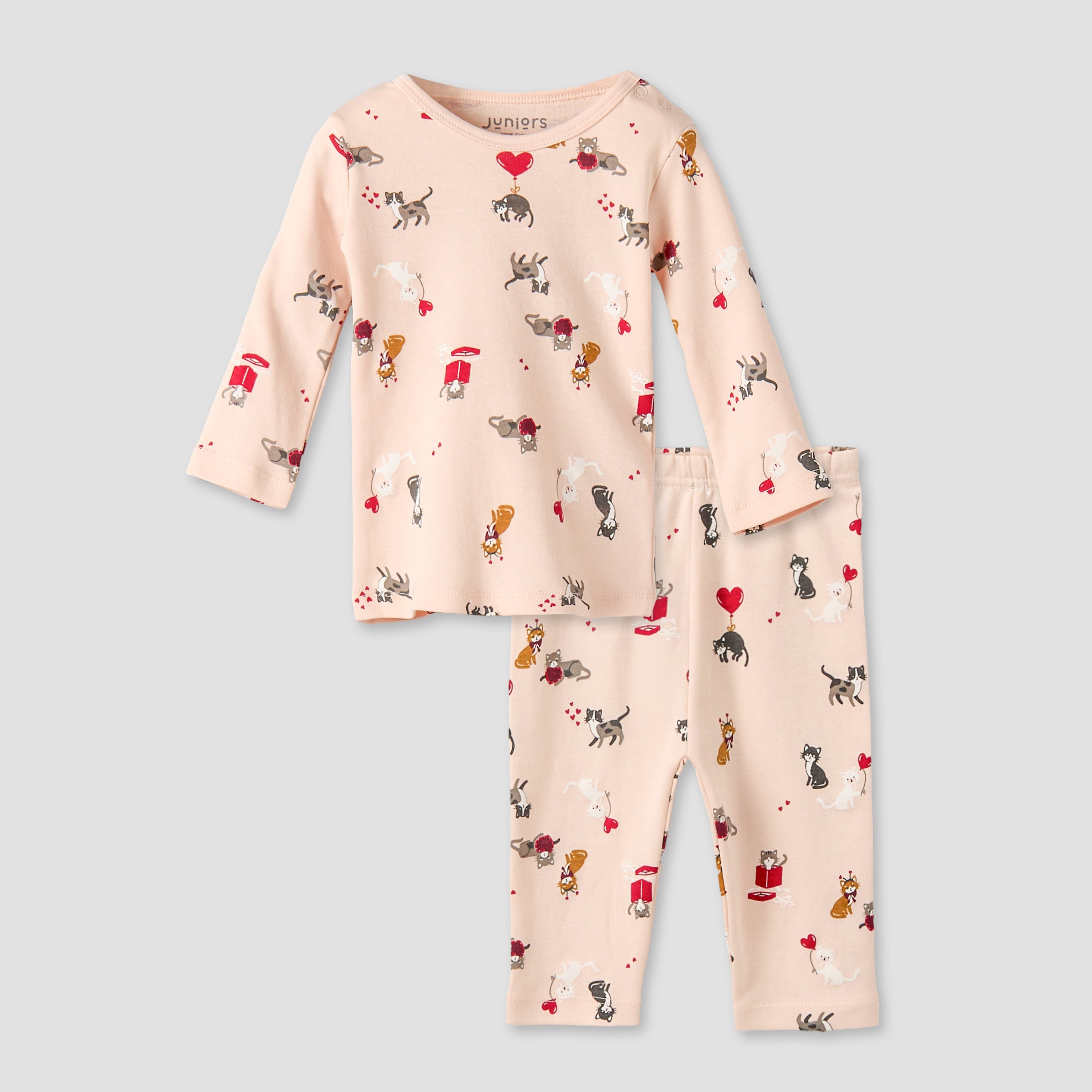 Juniors Cotton Round Neck Long Sleeve Pyjama Set with Cat Print - Peach / 12-18 mths