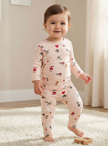 Juniors Cotton Round Neck Long Sleeve Pyjama Set with Cat Print-baby-girls-clothing-nightwear-pyjamasets-image-1