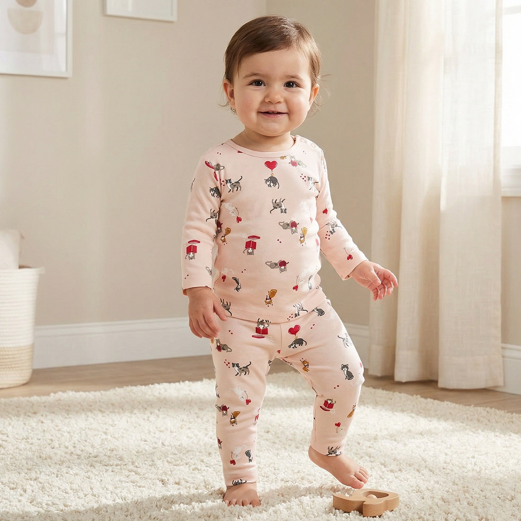 Juniors Cotton Round Neck Long Sleeve Pyjama Set with Cat Print - Peach / 18-24 mths