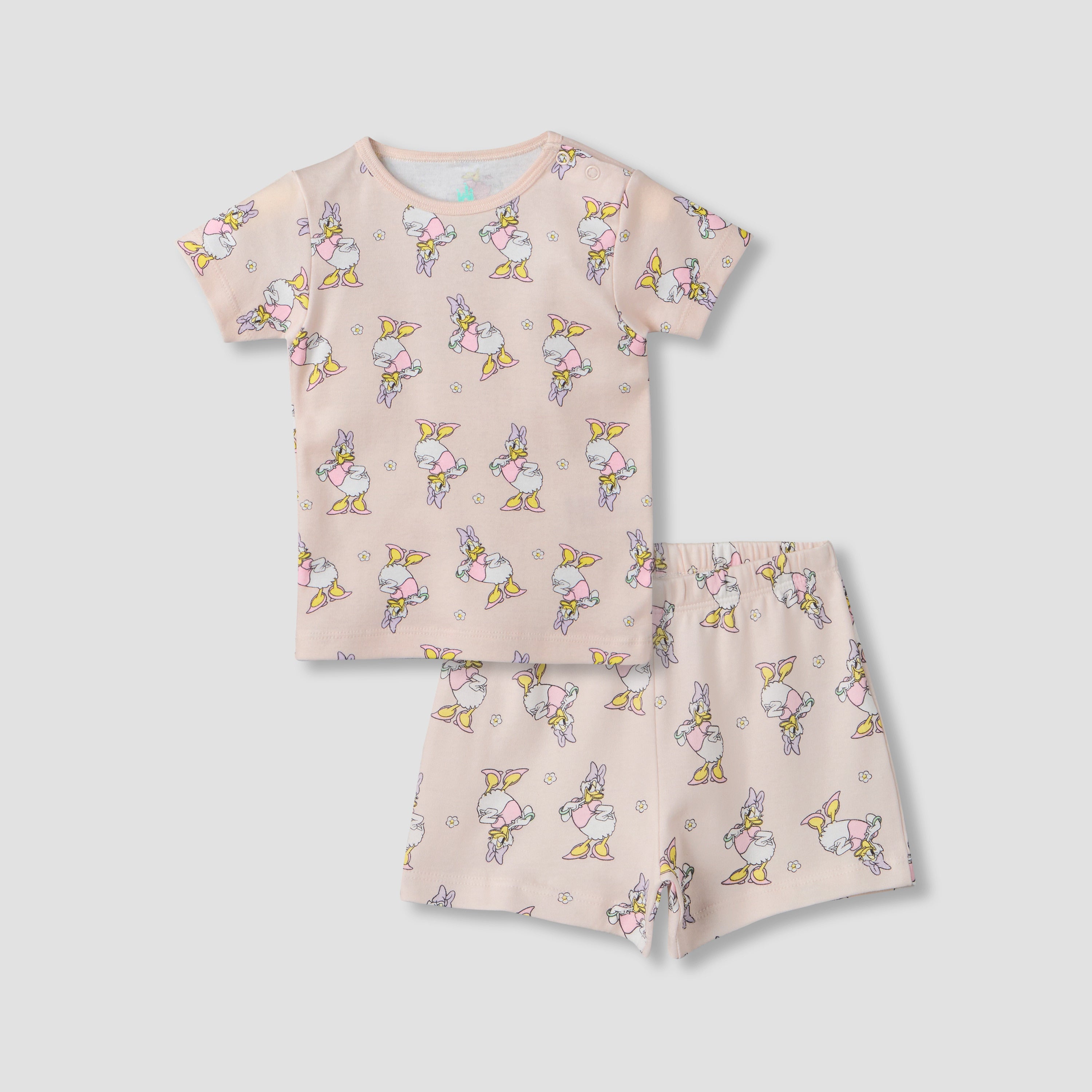 Disney Round Neck Short Sleeve T-shirt and Shorts Set with Daisy Duck Print