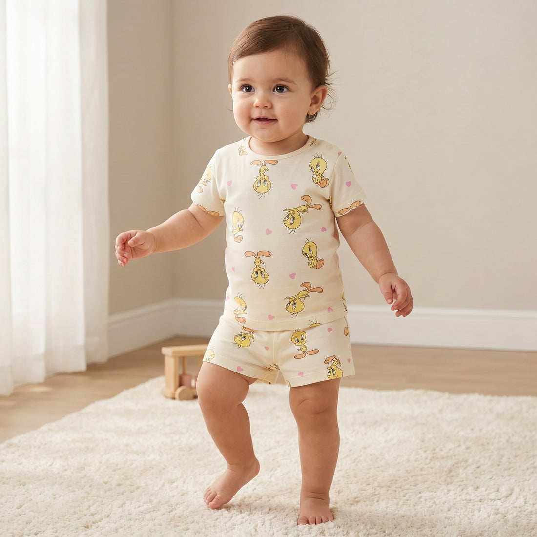 Warner Bros Round Neck Short Sleeve T-shirt and Shorts Set with Tweety Print - 12-18 MTHS