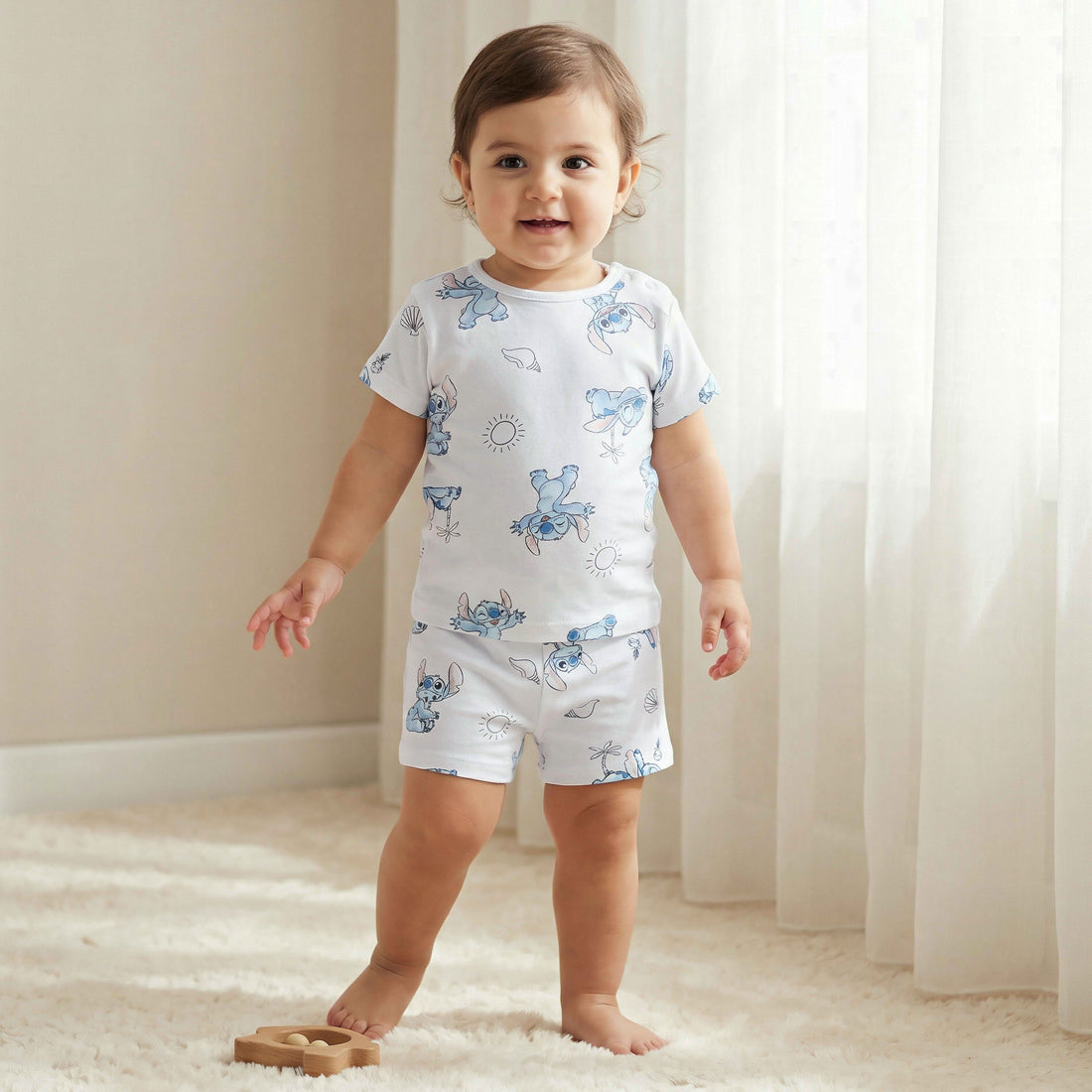 Disney Crew Neck Short Sleeves T-shirt and Shorts Set with Stitch Print - White / 12-18 mths
