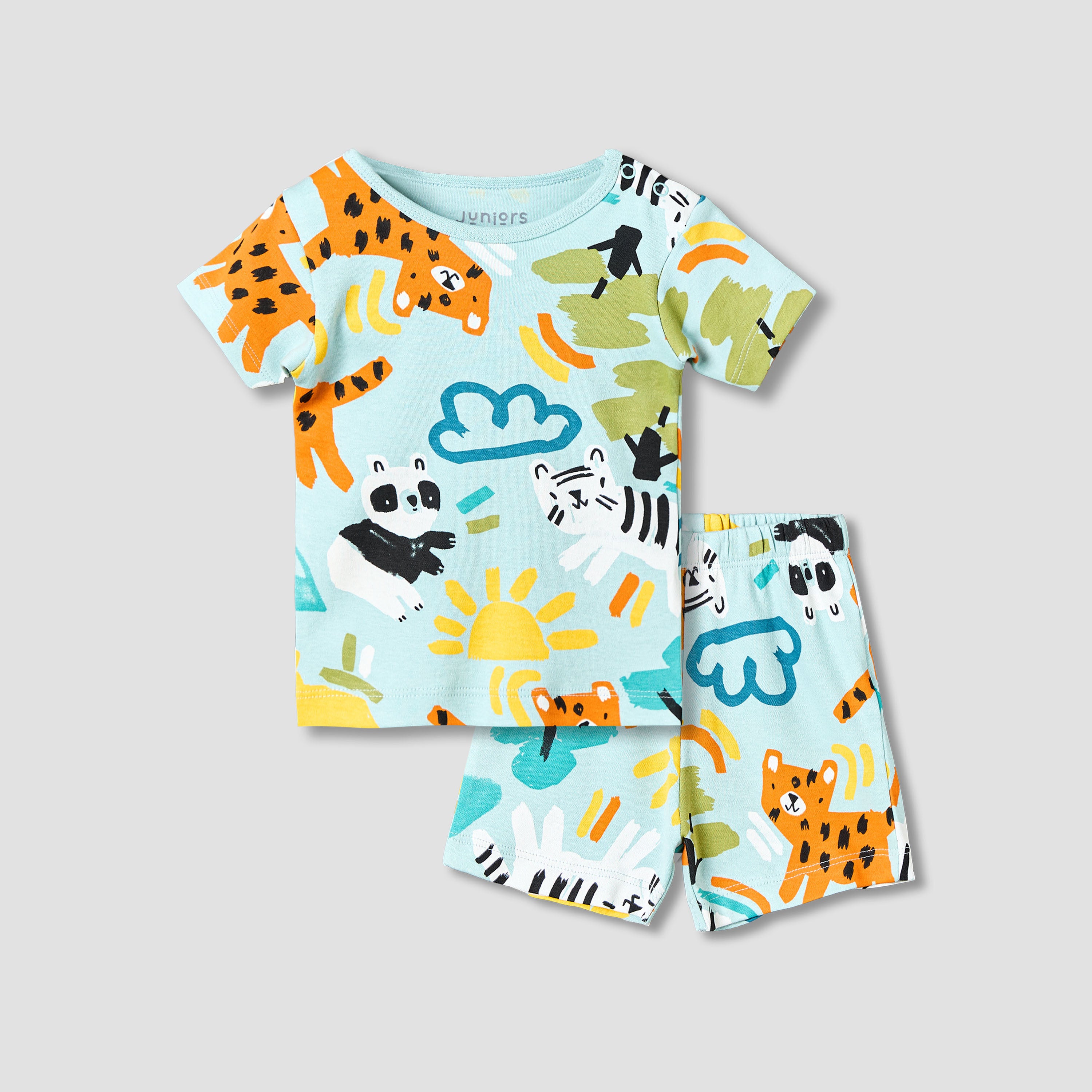Juniors Cotton Round Neck Short Sleeves T-shirt and Shorts Set with Safari Print - Multicolour / 12-18 mths
