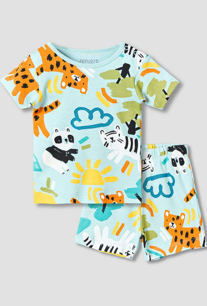 Juniors Cotton Round Neck Short Sleeves T-shirt and Shorts Set with Safari Print-undefined-image-1