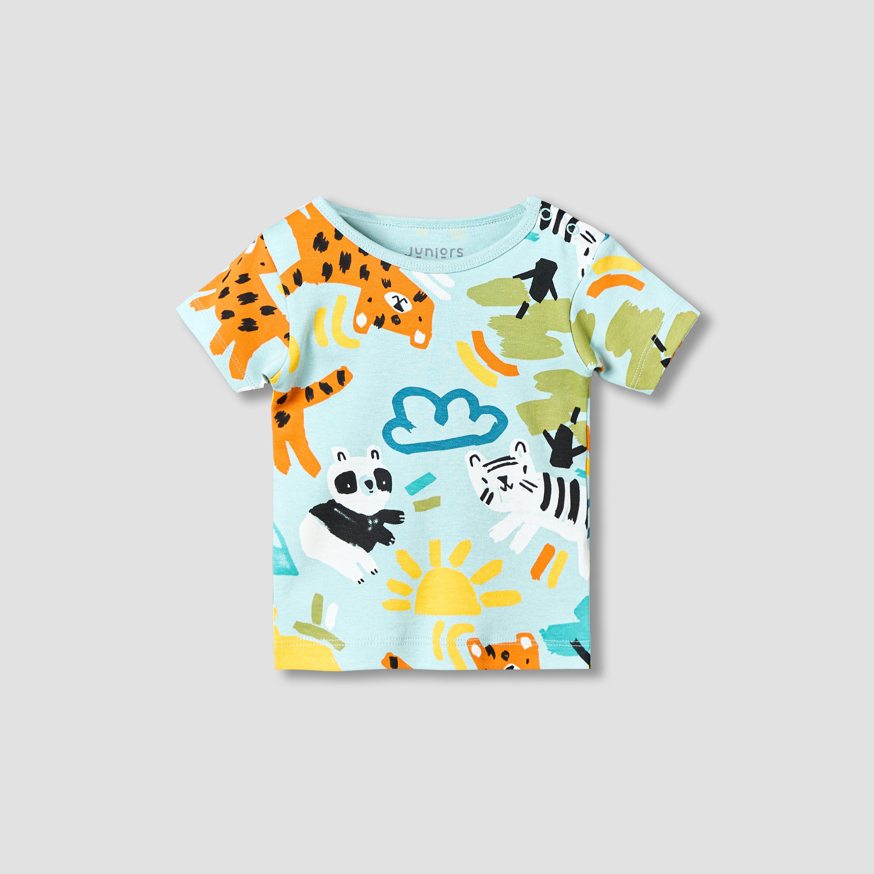 Juniors Cotton Round Neck Short Sleeves T-shirt and Shorts Set with Safari Print