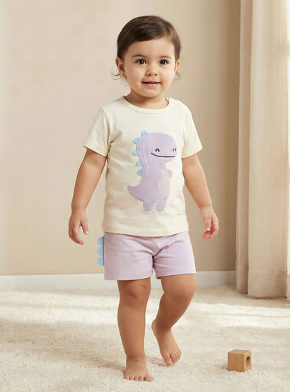 Juniors Cotton Round Neck Short Sleeves T-shirt and Shorts Set with Dinosaur Applique-baby-girls-clothing-setsandcoords-image-1