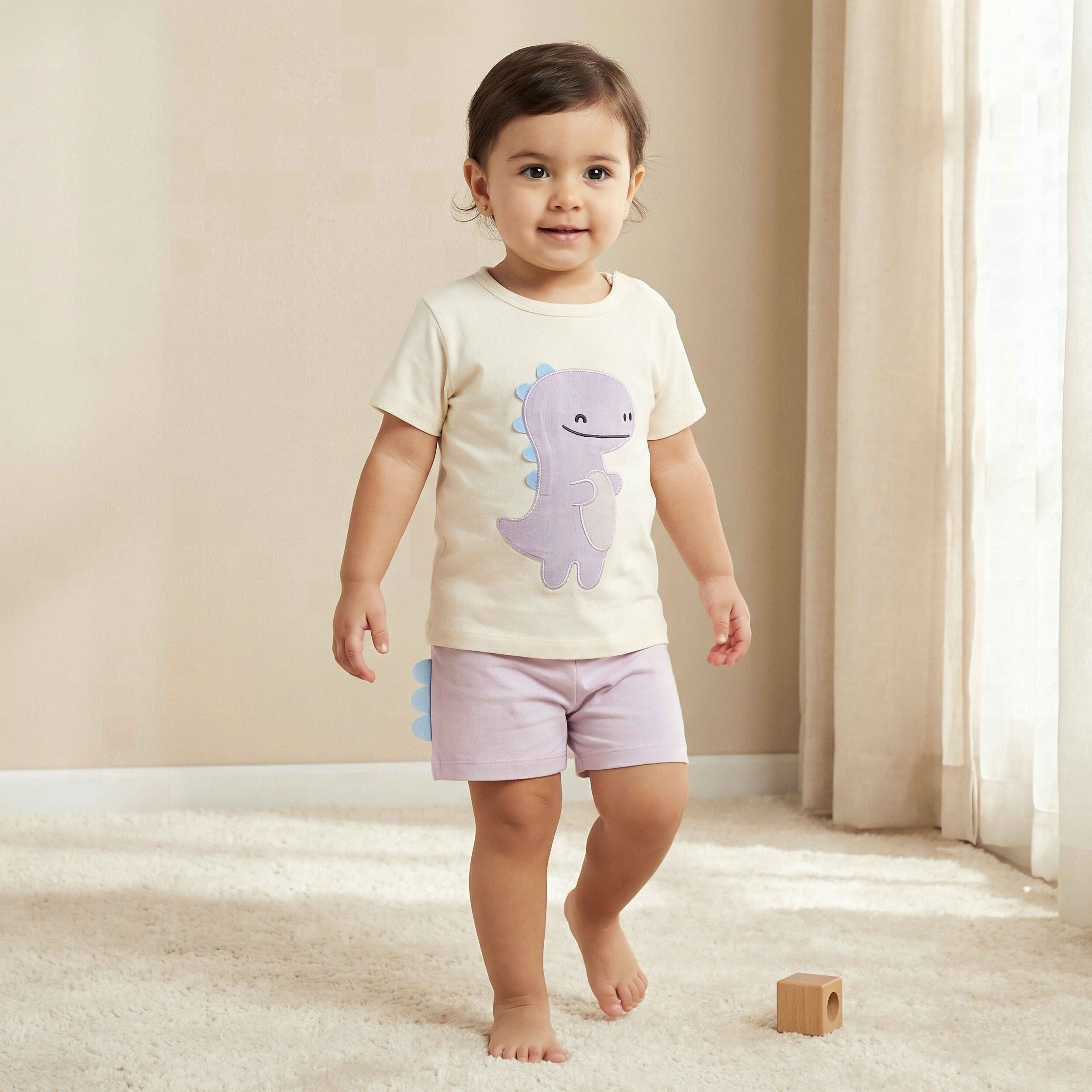 Juniors Cotton Round Neck Short Sleeves T-shirt and Shorts Set with Dinosaur Applique - Purple / 18-24 mths