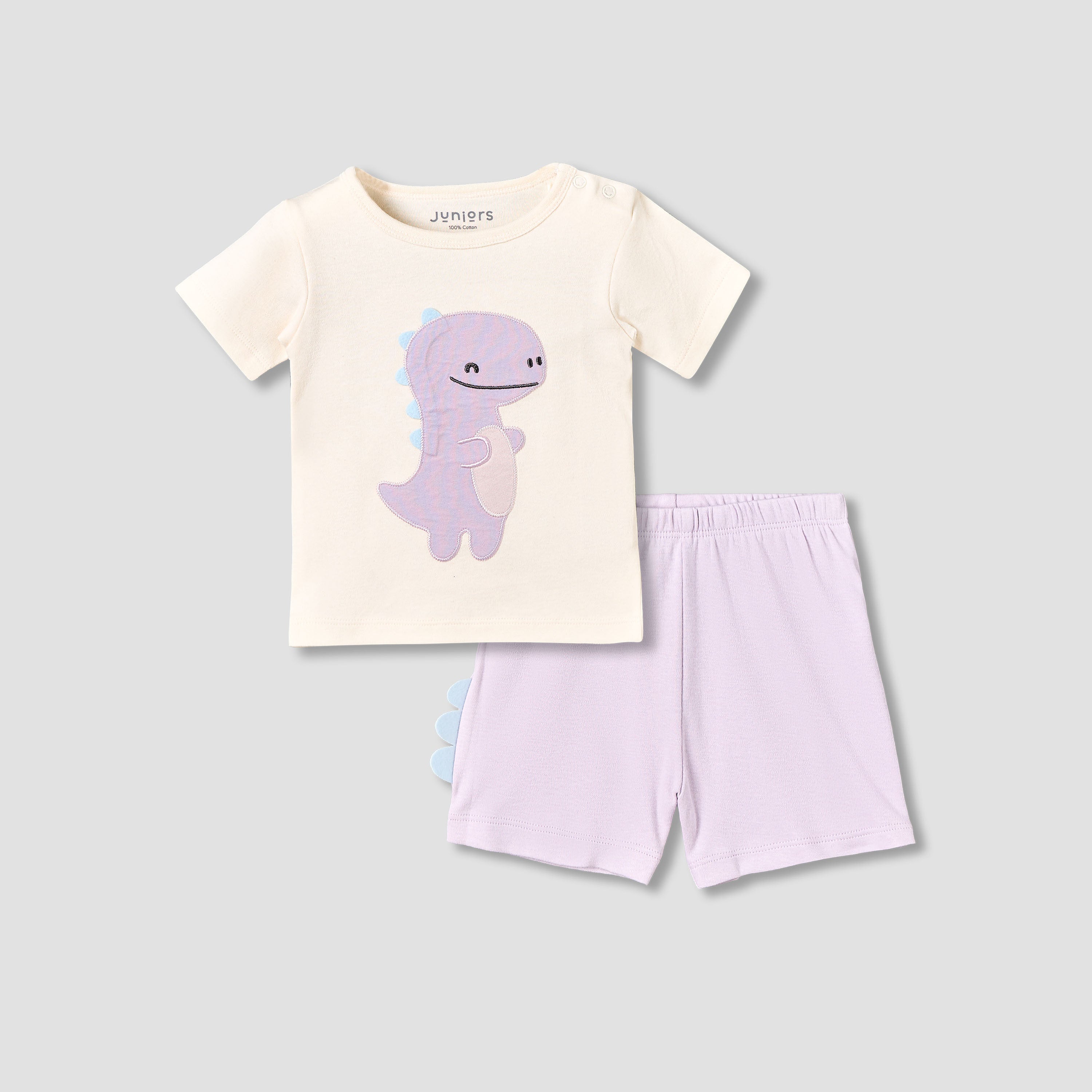 Juniors Cotton Round Neck Short Sleeves T-shirt and Shorts Set with Dinosaur Applique