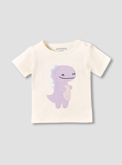 Juniors Cotton Round Neck Short Sleeves T-shirt and Shorts Set with Dinosaur Applique-baby-girls-clothing-setsandcoords-image-3