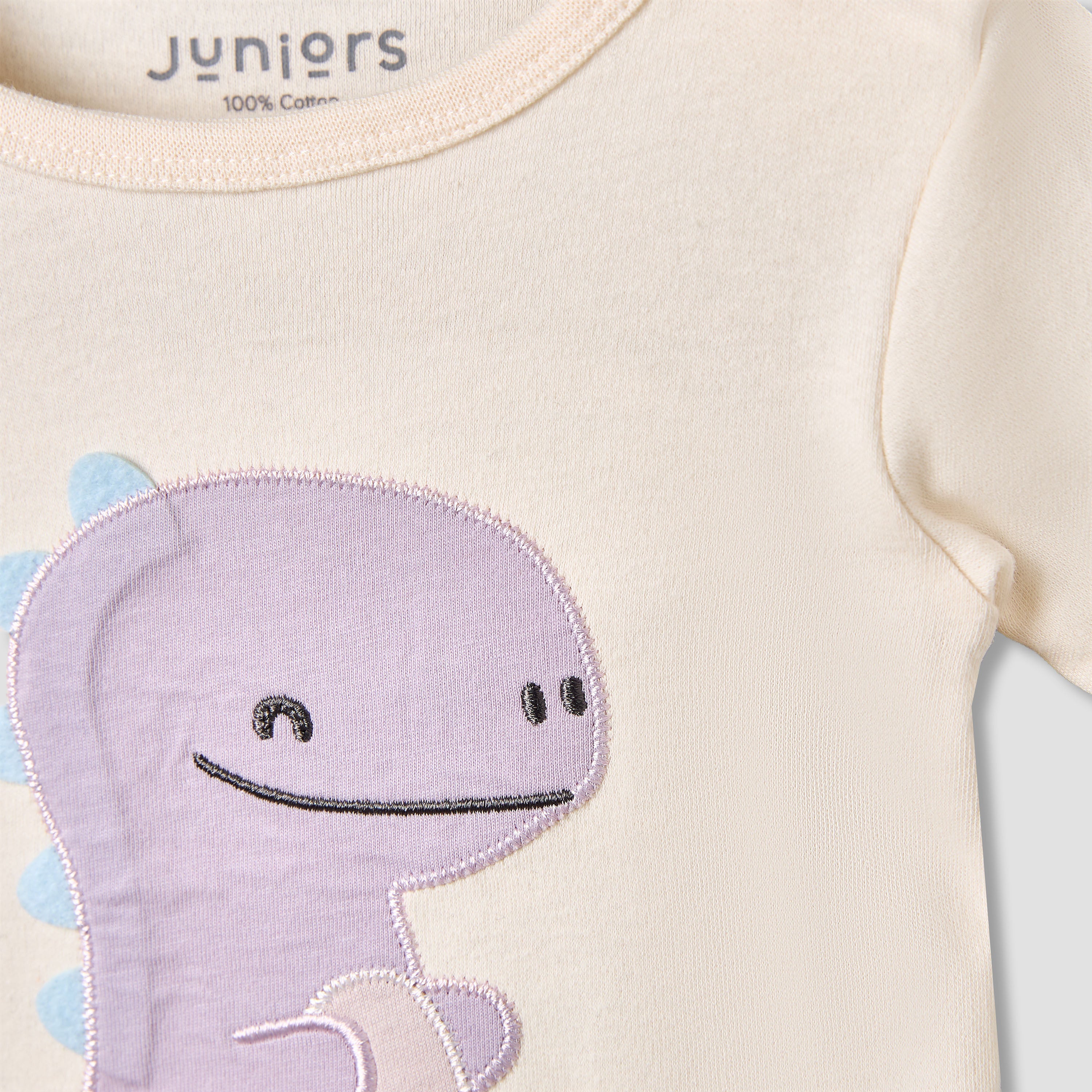 Juniors Cotton Round Neck Short Sleeves T-shirt and Shorts Set with Dinosaur Applique