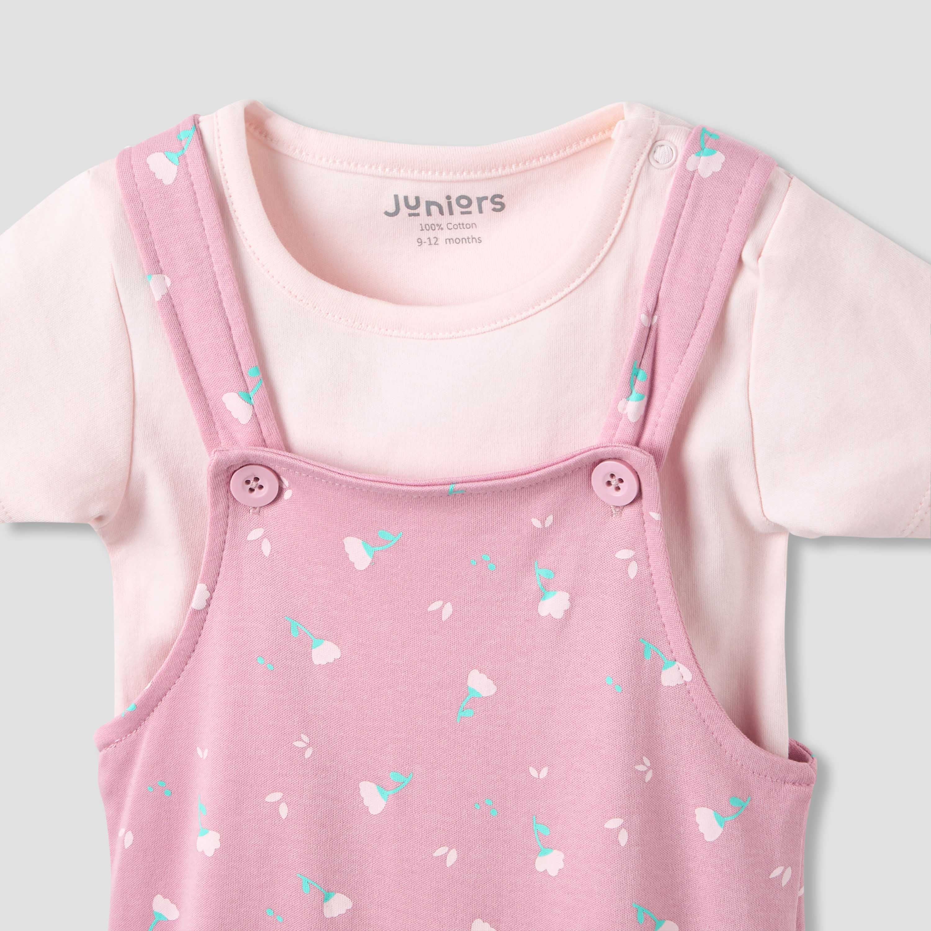 Juniors Crew Neck Short Sleeve T-shirt and Dungaree Set with Floral Print