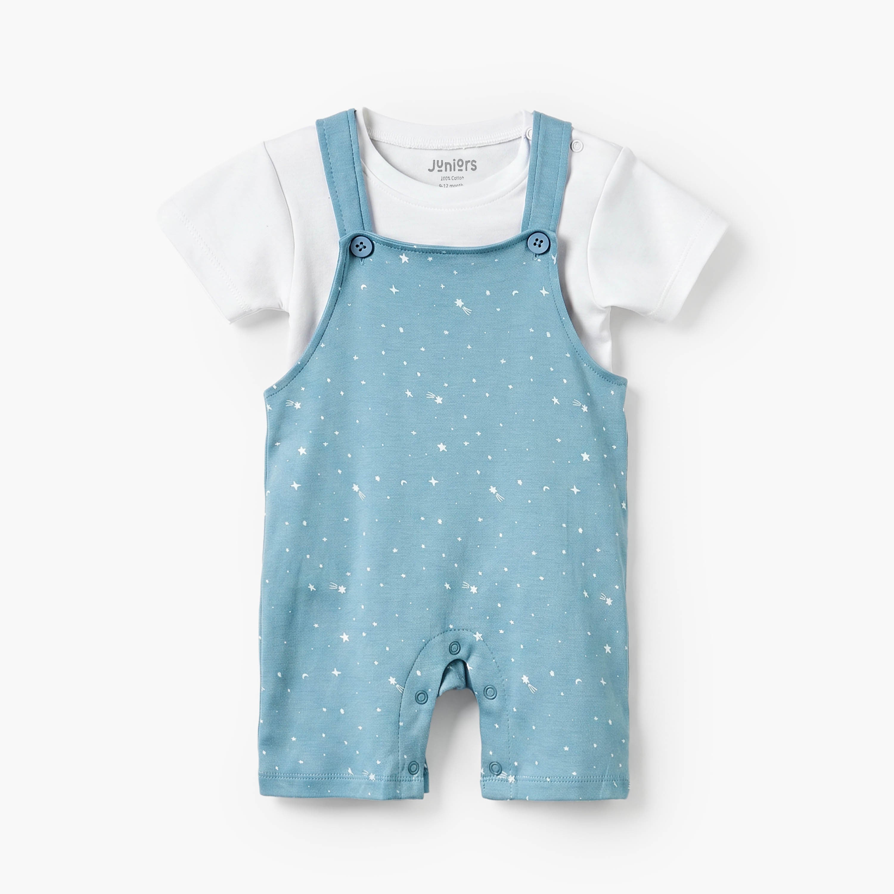 Juniors Crew Neck Short Sleeves T-shirt and Dungaree Set with Star Print - Blue / 12-18 mths