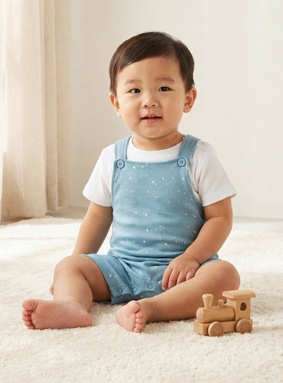 Juniors Crew Neck Short Sleeves T-shirt and Dungaree Set with Star Print-baby-boys-clothing-setsandcoords-image-1