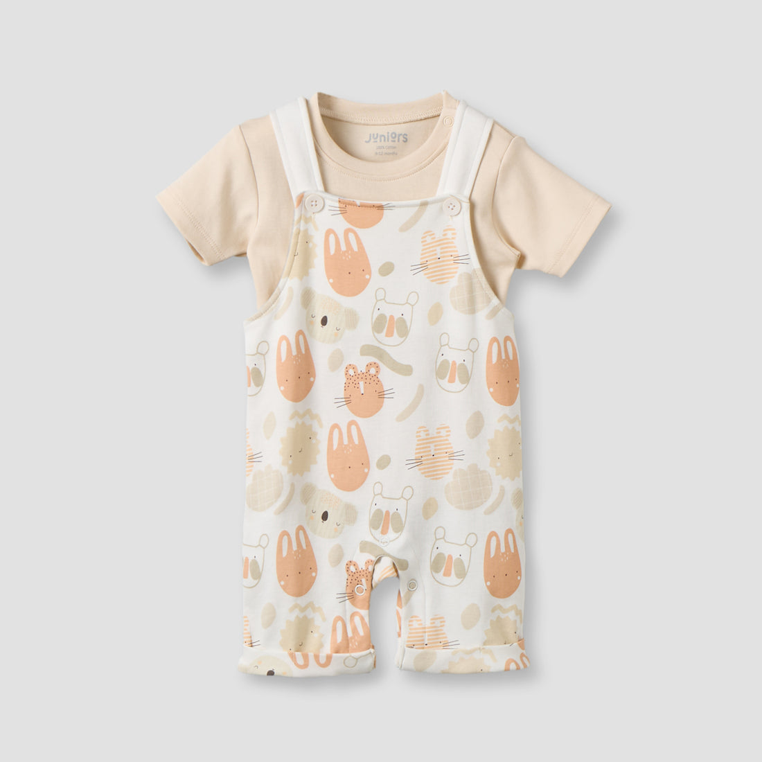 Juniors Crew Neck Short Sleeves T-shirt and Dungaree Set with Snap Button Closure - Peach / 12-18 mths